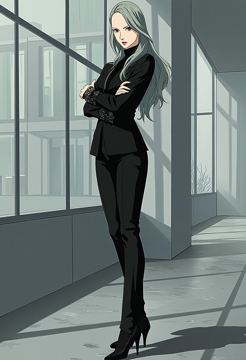 A detailed solo portrait of niijima_sae
Anime style, sharp, high contrast and highly detailed.
. <lora:persona5_niijima_sae_flux_v4_2-000011:1>,,.
She is wearing a sleek black suit with tailored pants and a fitted jacket. Her arms are crossed, conveying a serious, confident demeanor. The jacket has detailed lace-like patterns on the cuffs and edges, adding a subtle, stylish flair to the otherwise professional look. She is wearing high heels, completing her sharp and poised appearance. Her expression is stern, and she exudes a sense of authority and sophistication. Tall and slender.