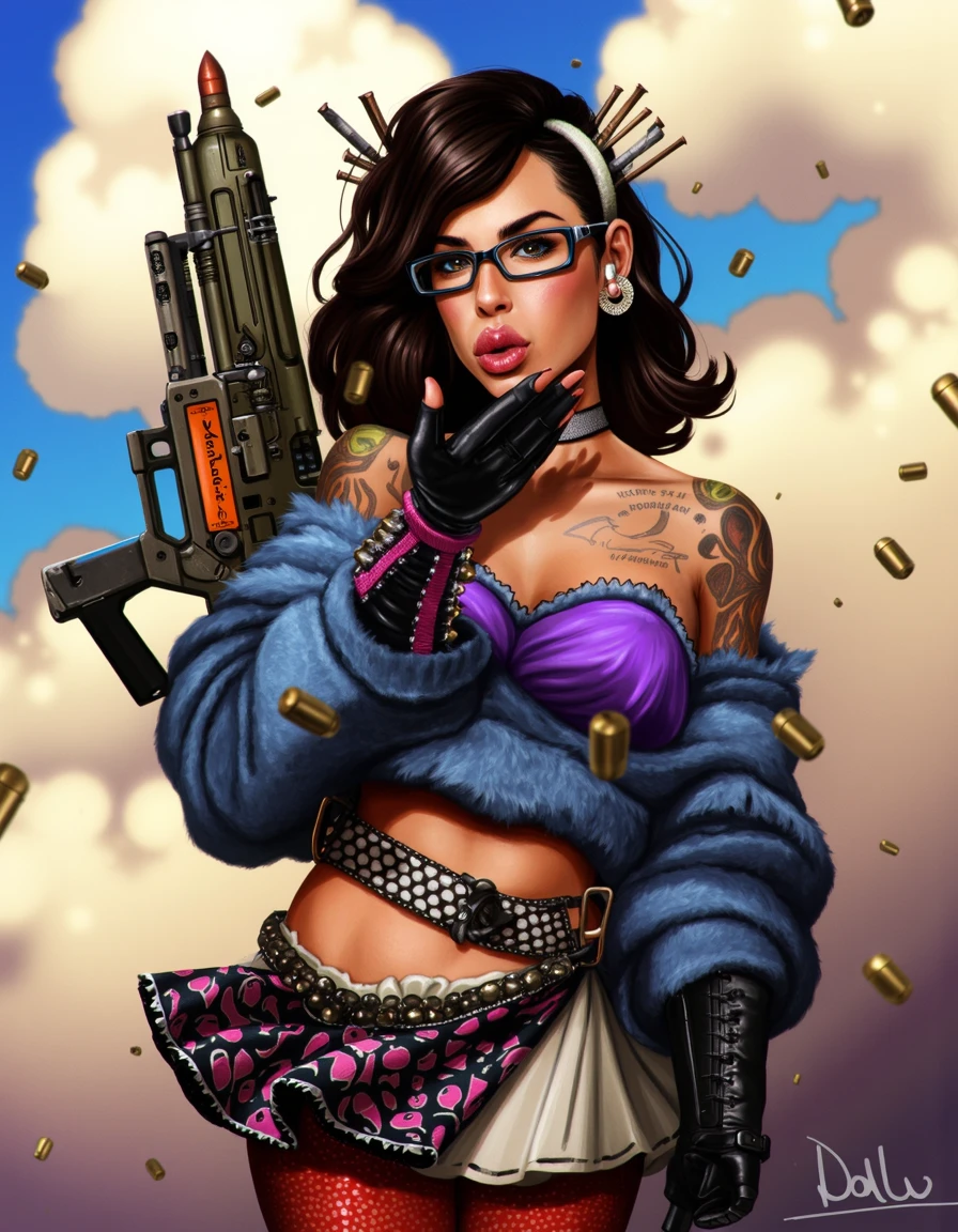 dalu, woman rectangular glasses two sticks in hair white hair band blowing a kiss with ear plugs and a black glove, blue fur sweater with shoulder exposed, tattoos, purple bra, holding a guitar gun with a checkerboard and studded strap, belly exposed, black white pink spotted skirt, red tights, black boots, illustrated cloud background with bullets raining down