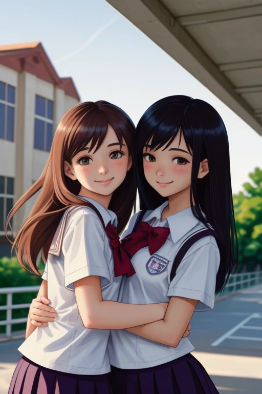 2girls, school campus, smiling <lora:LCM_LoRA_Weights_SD15:1>