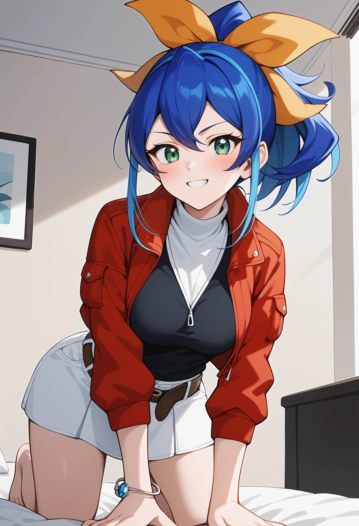 score_9, score_8_up, score_7_up, score_6_up, score_5_up, score_4_up, source_anime, bbserena, multicolored hair, blue hair, ponytail, hair bow, green eyes, breasts, black shirt, cropped jacket, red jacket, bracelet, belt, miniskirt, white skirt, <lora:serena_(yu-gi-oh!)_ponyxl_v1:0.9>, on bed, bedroom, all fours, naughty face, smile, blush, from below,