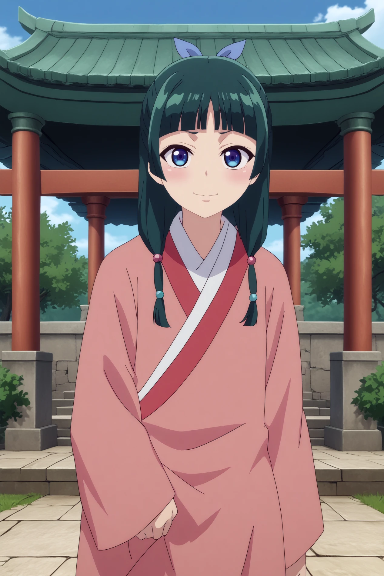 maomao,1girl,solo,japanese clothes,long hair,looking at viewer,bangs,kimono,hair ornament,blunt bangs,twintails,smile,jewelry,makeup BREAK outdoors,old japon city,torii,under torii,sakura flowers,Japanese architecture,japanese temple,consistent background   Leaning against a wall with legs slightly apart,  <lora:MaoMao.safetensors:0.8>