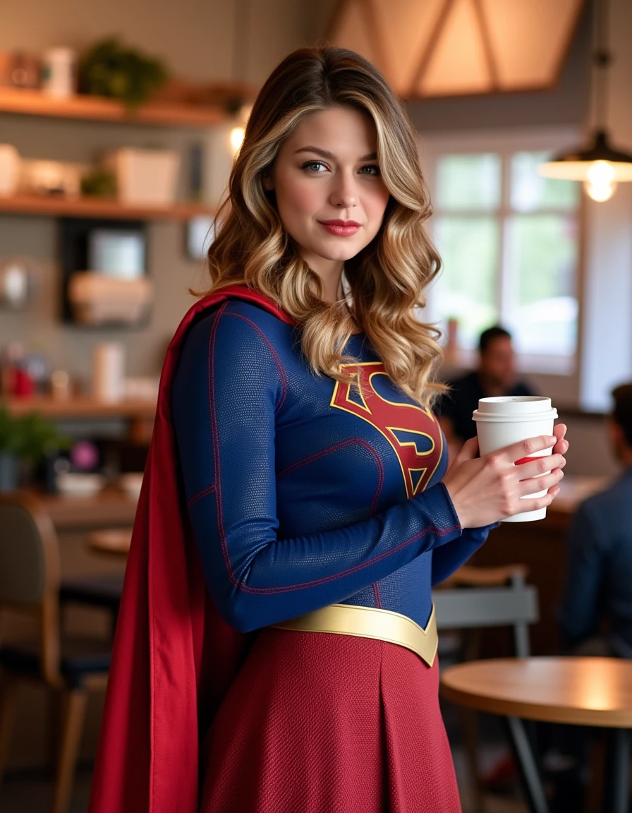 <lora:Supergirl_Flux:1> This is an image of supergirl in her superhero costume with a red cape, her cascades over her shoulders. she is standing in a cafe having a coffee