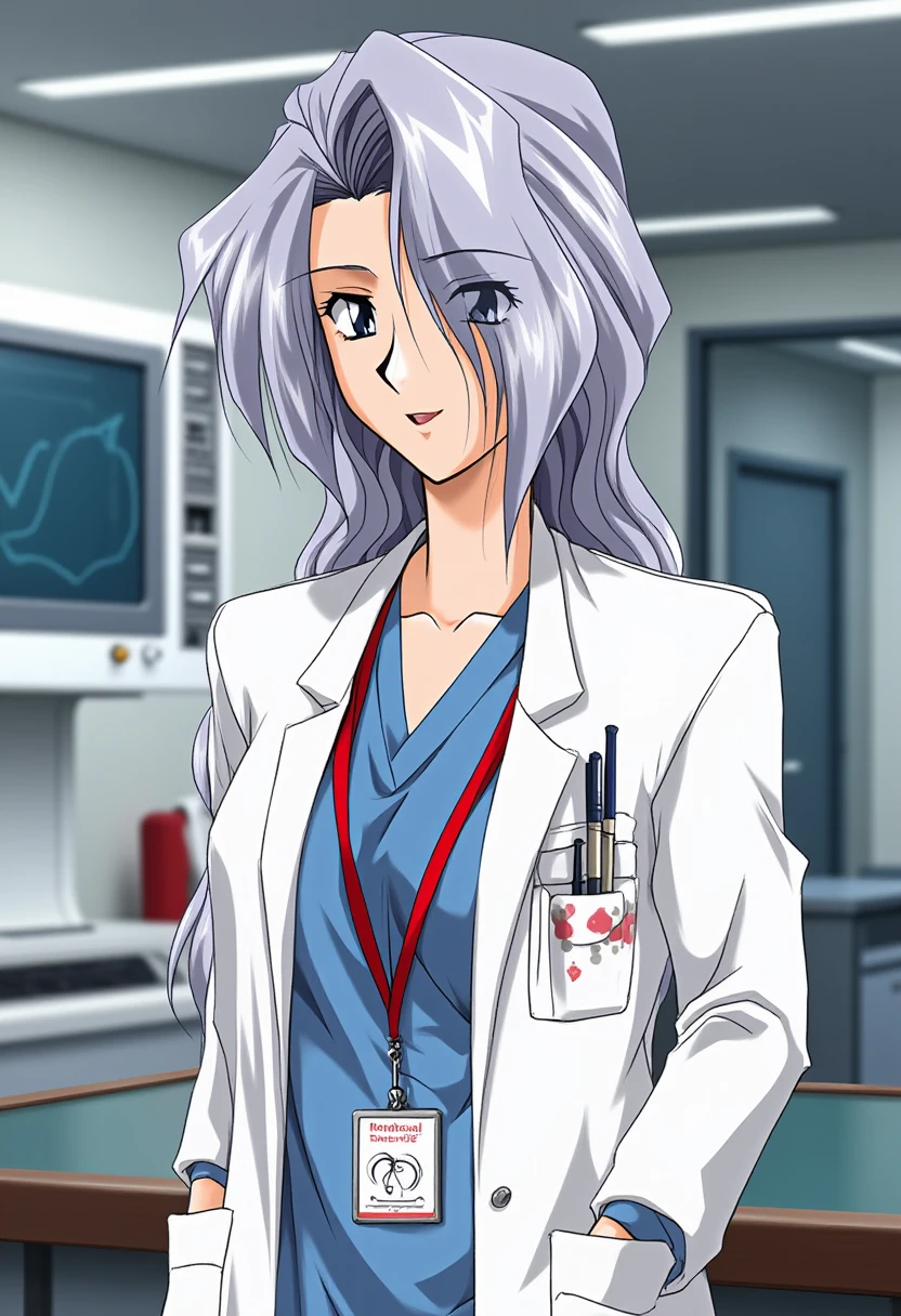 A detailed solo portrait of Midou Emiko. She has grey hair.
Anime style, sharp, high contrast and highly detailed., 
<lora:innai_kansen_midou_emiko_flux_v2_2-000025:0.8>,
She is in a white lab coat, wearing a light blue scrub underneath. She has a calm and professional expression. A red lanyard hangs around her neck, indicating her role as part of the "Medical Staff," and she has a few pens and an ID badge in the chest pocket of her coat. The background suggests she is in a clinical or hospital setting, with medical equipment visible behind her. The overall impression is of a focused and competent medical professional. She is smiling gently.