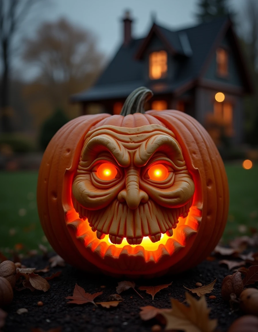 <lora:b4a-pumpkins:1> a b4a pumpkin carving with the 3d face of spooky old witch, background halloween garden infront of a house,