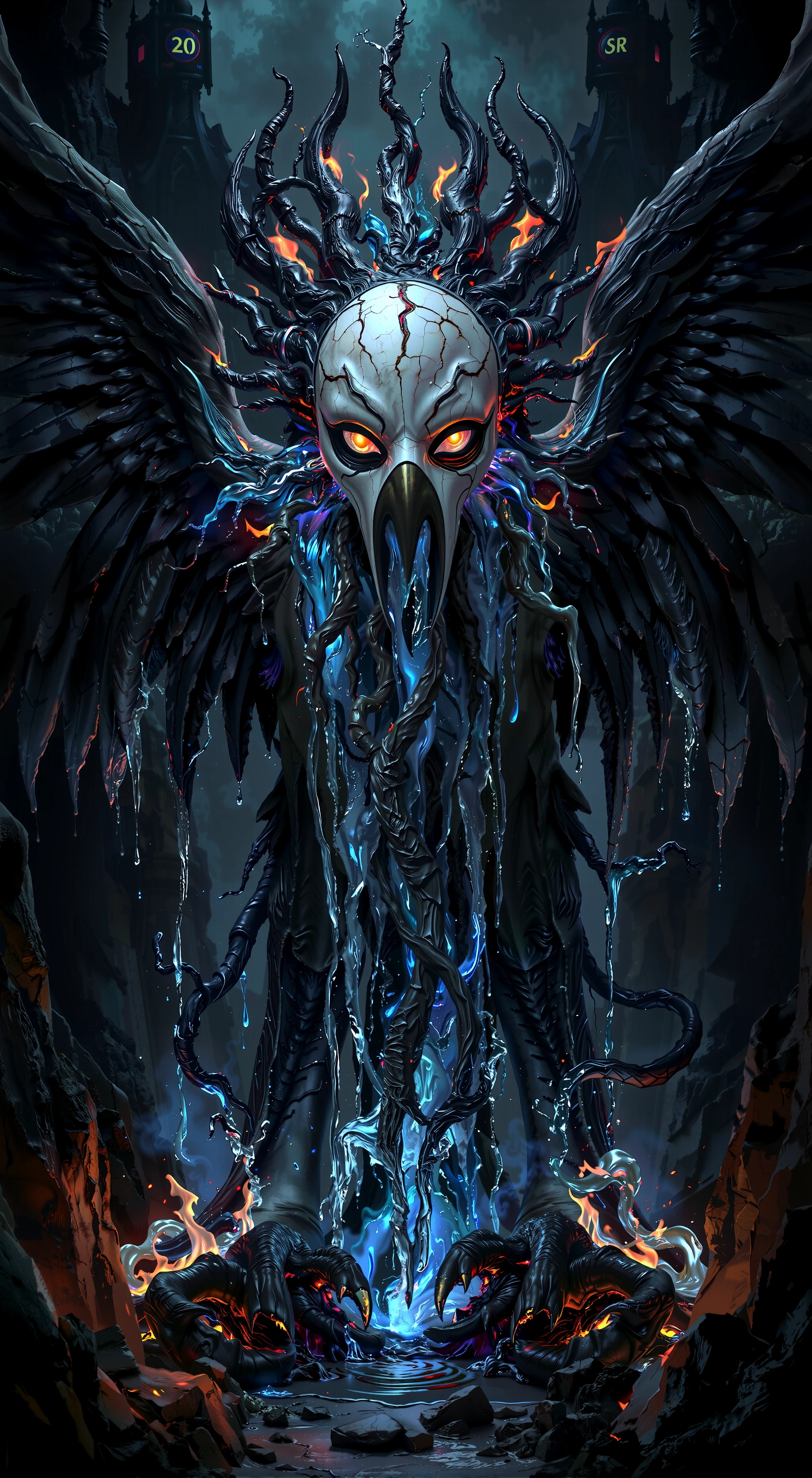 In a dark, gothic landscape, a Garuda-bodied figure with a grotesque Japanese ghost mask hovers in haunting silence. Streams of molten blue lava ooze from the cracks in the mask, flowing over the Garuda's outstretched wings and solidifying into glowing, crystalline forms that pulse with an eerie light. The Garuda's fierce eyes, filled with malevolent intensity, radiate a sinister glow as twisted roots burst from its eye sockets, twisting down like tendrils of ancient evil. Flames flicker menacingly around its talons, interwoven with icy water that freezes upon contact with the molten blue lava. The background features towering gothic spires and cursed symbols faintly illuminated by the flickering light. The entire scene is a blend of fiery intensity, chilling cold, and supernatural horror, amplifying the menacing aura of the Garuda in this unearthly, cursed realm. MSKLDJM
 <lora:MaSk_DJM230x_FLUX-000001.safetensors:1.2:1.2>