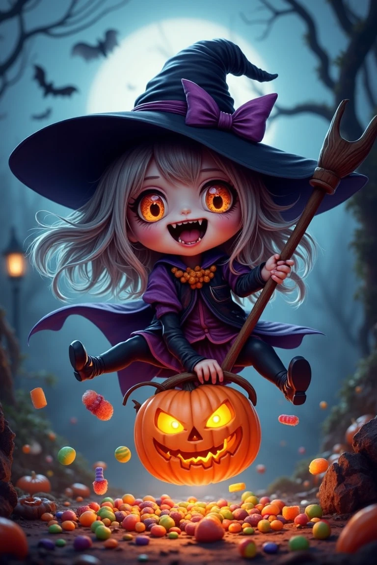 in the style of chibiw,  chibiwitches, cinematic, dramatic lighting, prismatic lens, full body shot,  a beautiful cute haunting chibi creepy witch, hair cover her face, hair on face,  tongue out, fangs, crazy eyes, flying on a hoover, terrorizing the village laughing, shadow play lighting, a halloween pumpkin container with lots of candy falling from her grasp spreading all over littering candy, detailed, ultra realistic, ultra detailed colors, 8k,    <lora:chibi-witches:1>