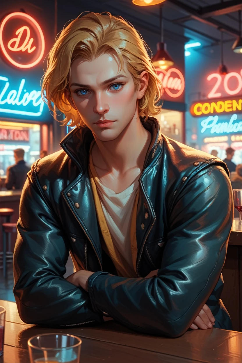 score_9, score_8_up, score_7_up,
<lora:DA2Anders:0.8>
DA2Anders, 1boy, blonde hair, blue eyes, looking at viewer, at an old-fashioned diner, leaning against the counter, wearing a leather jacket, neon lights reflecting on his face, retro vibe, cool and confident expression