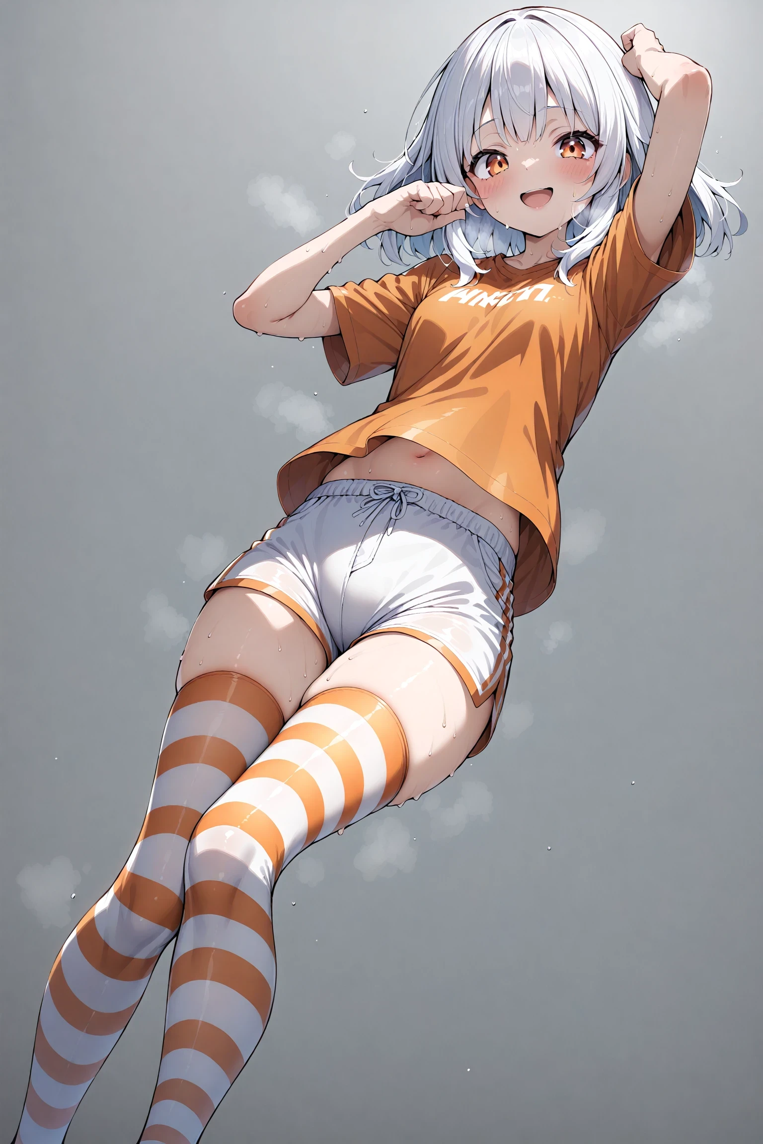 1girl, solo, dynamic angle, dynamic pose, grey background, looking at viewer, medium hair, open mouth, orange eyes, orange shirt, personification, shirt, shorts, smile, striped clothes, striped thighhighs, sweat, thighhighs, white hair, white shorts, white thighhighs, masterpiece, best quality