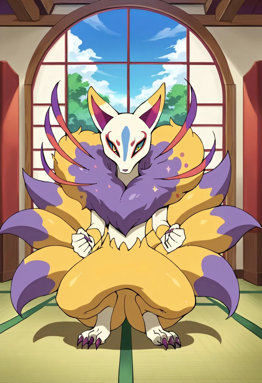 BREAK score_9_up score_8_up score_7_up, source_anime, (frontal), anime style, glitter, high quality, Kyubi_Yo-kai, golden fur, white legs and torso, purple fur on the chest, nine tails, multiple tails, purple tail tips, long purple nails, full body, sanctuary, interior,