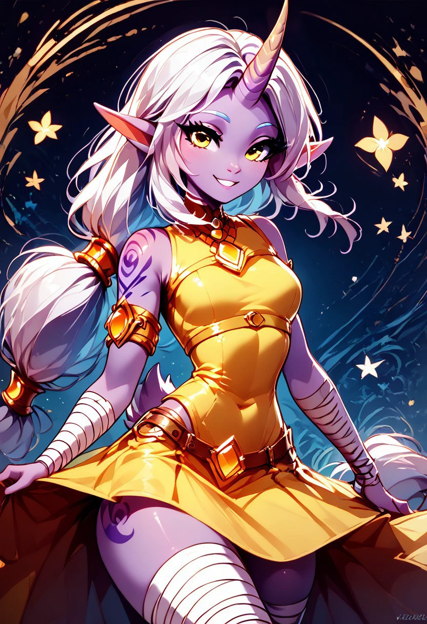 score_9, score_8_up, score_8, medium breasts, (curvy), cute, eyelashes,       BREAK, , 
,,,
zzSoraka,  purple skin, white hair, long low-tied hair, sidelocks, yellow eyes, pointy ears, single horn, full-body tattoo, bare shoulder, yellow jewel, red cropped top, yellow dress, armlet, bandaged arm, bandaged leg, goat hooves,
,,,
smile, looking at viewer, 
,,,
abstract background, white outline, cowboy shot, 
,,,
zPDXL, Expressiveh,