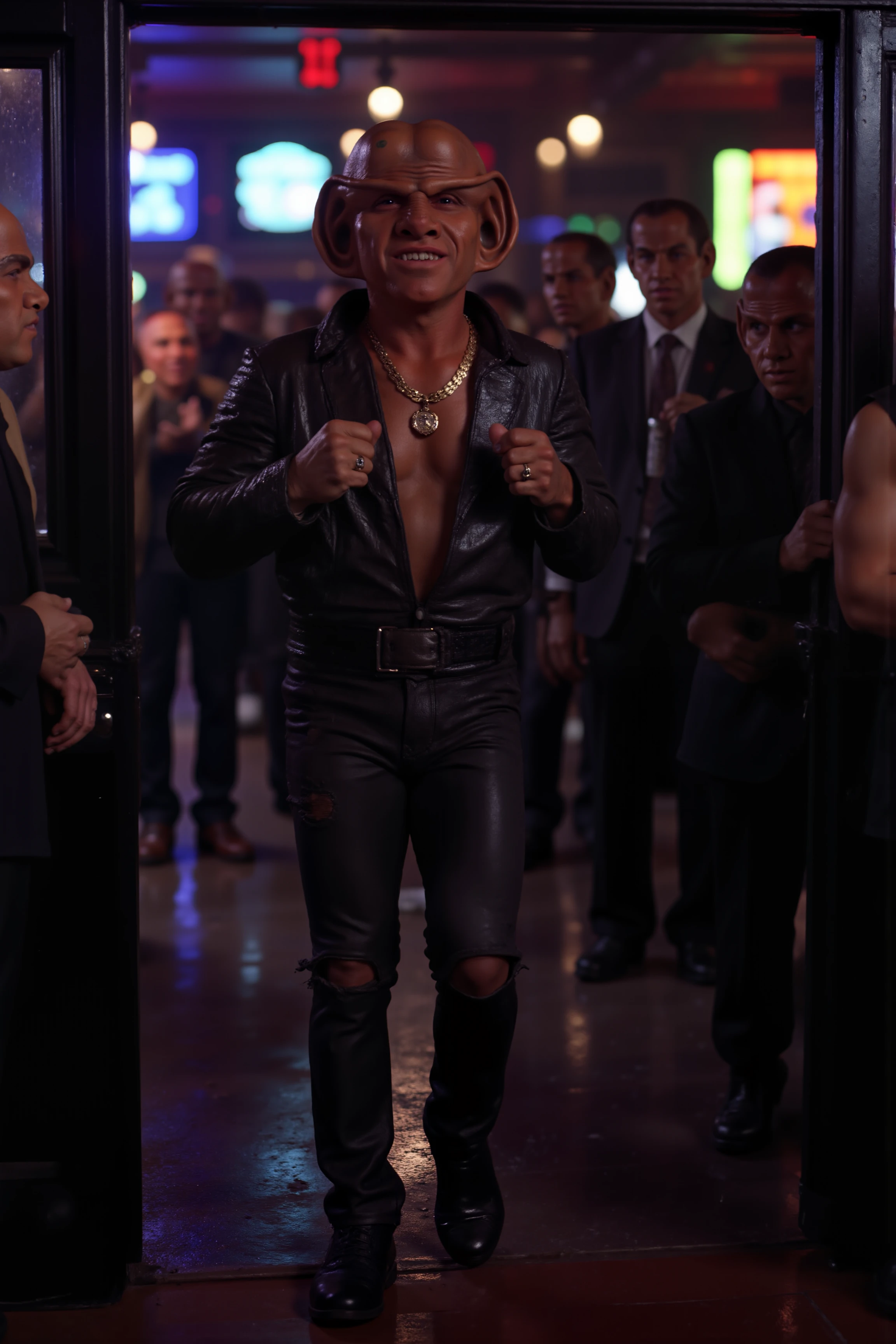 A Ferengi dressed in a sleek leather jacket and distressed jeans stands at the entrance of a bustling nightclub, his large ears twitching as he negotiates with the bouncer. His gold chains jingle with every exaggerated hand gesture as he flashes a wide, toothy grin, trying to charm his way past the velvet rope. The bouncer, unimpressed, crosses his arms, but the Ferengi isnât deterred. He quickly pulls out a wad of cashâEarth currency, naturallyâand waves it under the bouncerâs nose with a mischievous gleam in his eye. Behind him, neon lights flash in rhythm to the pounding bass of the music spilling out from the club, while a line of trendy humans wait impatiently to get in. The Ferengi's shoes, polished to a mirror finish, tap impatiently as he debates increasing his bribe. His oversized ears twitch every time the door opens, catching snippets of the lively music and laughter from within, fueling his determination to get inside. After a moment of intense negotiation, the bouncer begrudgingly steps aside, and the Ferengi struts through the door with a victorious grin, already planning to sell "exclusive" club memberships at an absurd markup to the next batch of eager humans.<lora:aidmaMJ6.1-FLUX-V0.1:0.6><lora:Movie_Portrait><lora:Flux DetailerV2><lora:ferengiV1_FLUX>