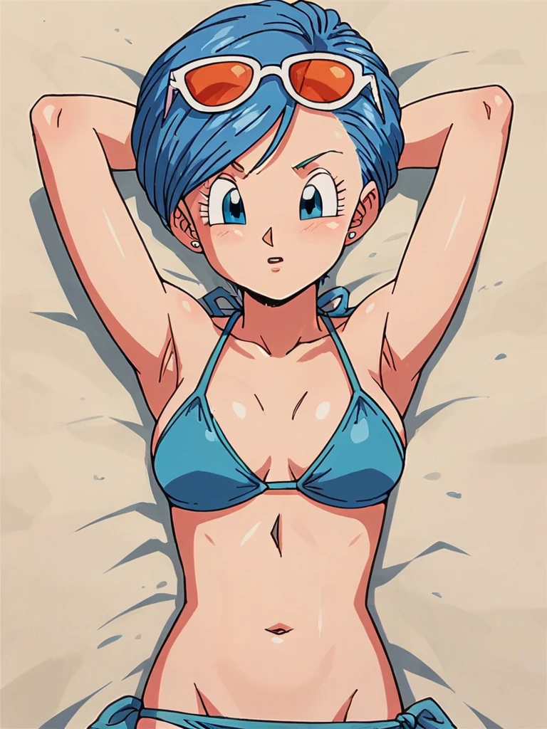 score_9, score_8_up, score_7_up, 
1girl, bulma, blue hair, blue eyes, short hair, swept bangs, 

lying, on back, on beach, bikini, arms behind head, sunglasses, 