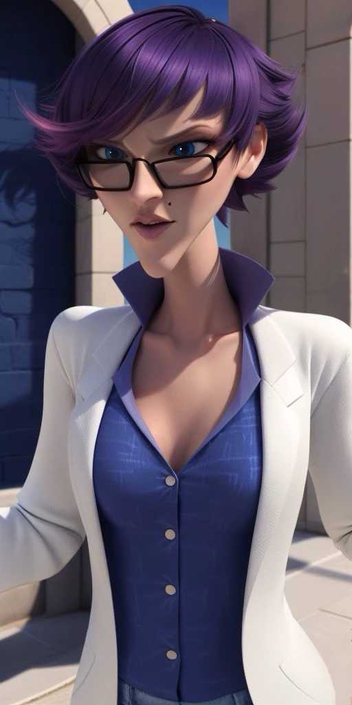 Hyperrealistic, photorealistic, super detailed, blue jeans, purple V-necked dress shirt with a white scientific scribble pattern and popped collar, deep cornflower blue eyes, short dark purple hair, prominent lips, beauty mark on her left cheek, pointy chin, body like in real life, large pores, fair skin, tall, beautiful arms, very flat very little breasts, unreal engine, octane render, droped shadow, bokeh, cinematic lighting, <lora:add_detail:0.5>, <lora:Volumetric_lighting:0.6>, Olga Mendeleiev, <lora:9ff36df4-f6f9-414c-b6c2-64238b1b9e87:0.7>