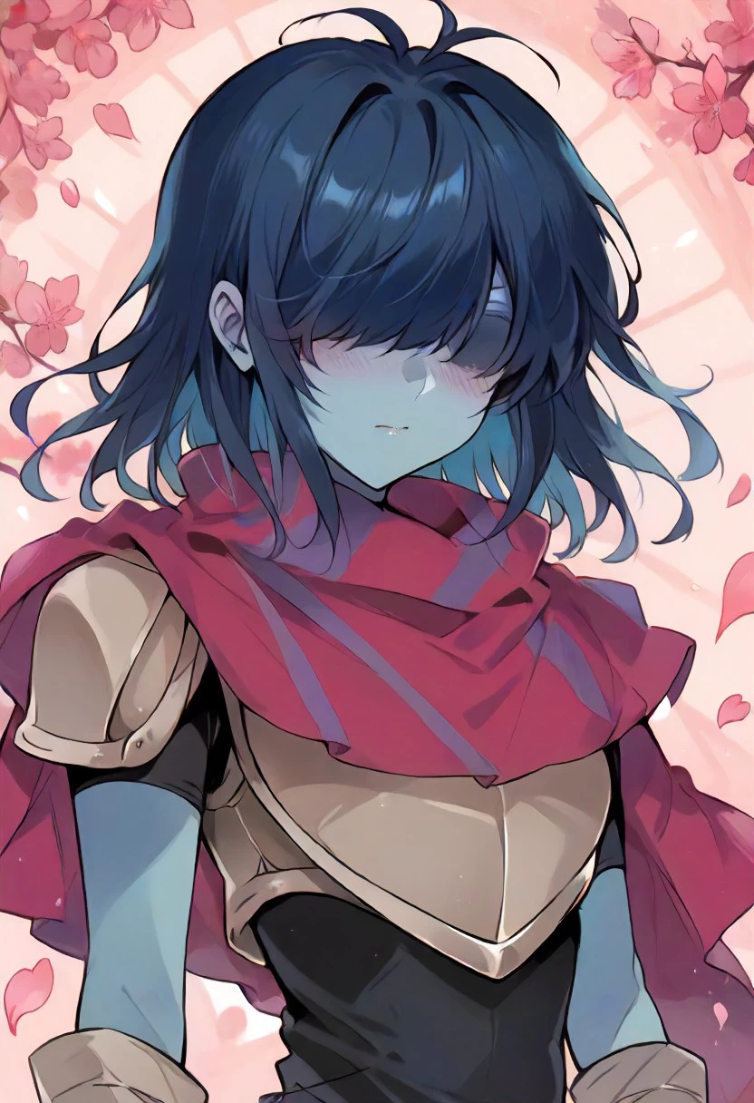 score_9, score_8_up, score_7_up ,KrisXL11,  blue hair, colored skin,blue skin, black bodysuit,striped scarf,armor,sword on arm, gloves,hair over eyes ,petals Background, hansome face,blush, high detailed face, 
<lora:Kris:1.0>