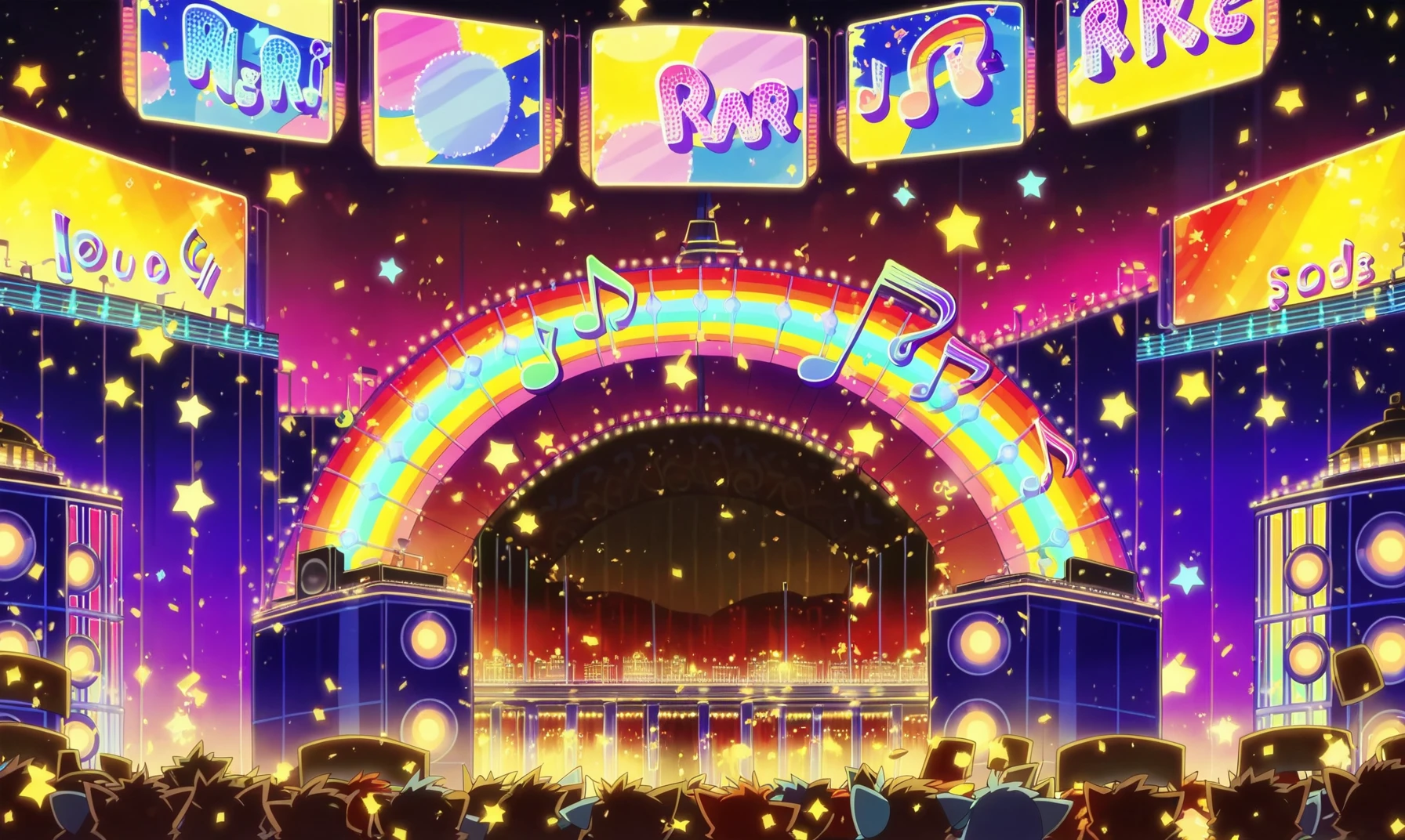 <lora:Plasmagica_Show_By_Rock_Backgrounds_pxl:1> score_9, score_8_up, score_7_up, score_6_up, score_5_up, score_4_up, source_anime, plasmagica_style, art_style, stage, musical note, audience, crowd, star \(symbol\), concert, neon lights, beamed eighth notes, rainbow, scenery, building, colorful, quarter note, treble clef, eighth note, microphone, sky, night, stage lights, speaker, glowstick