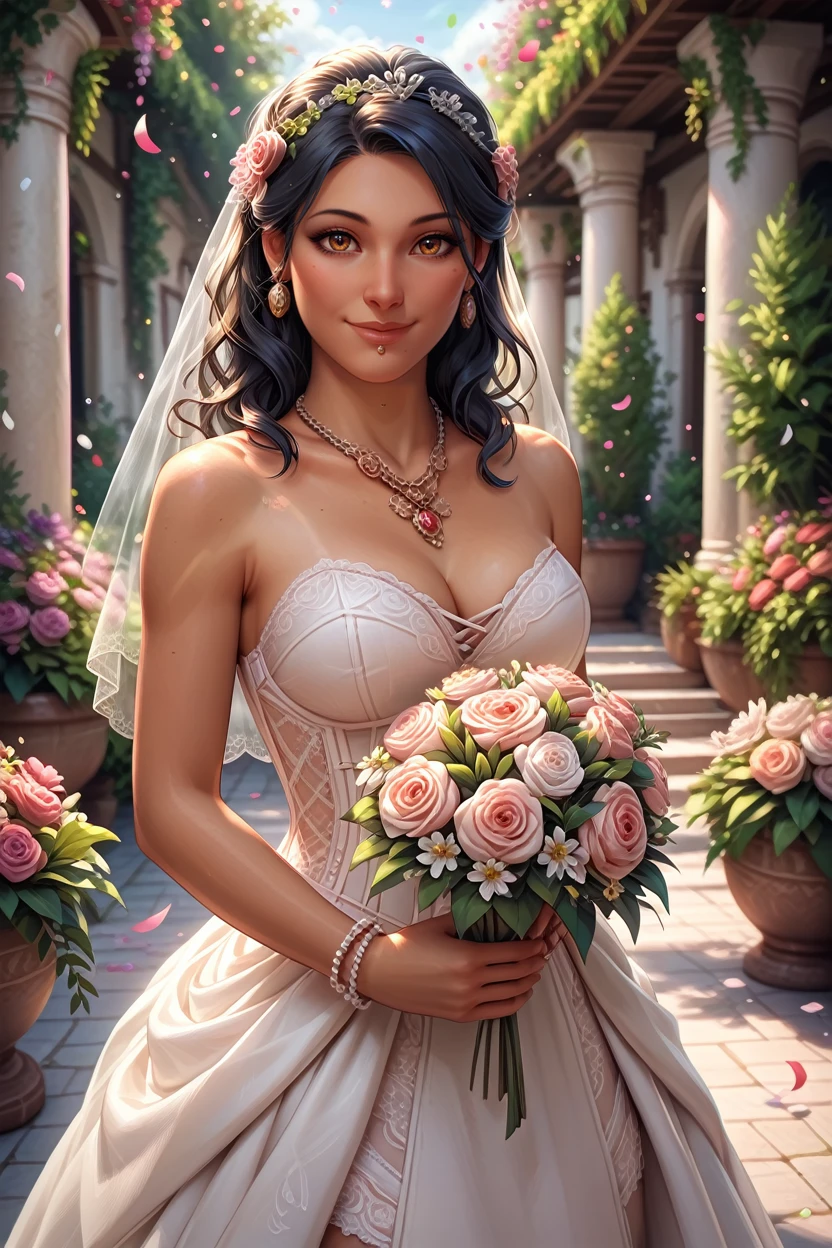 score_9, score_8_up, score_7_up,
<lora:DAIsabella:0.8>
DAIsabella, 1girl, black hair, brown eyes, tan, looking at viewer, garden, wedding dress, necklace, smile, bouquet, day, confetti, cowboy shot, standing