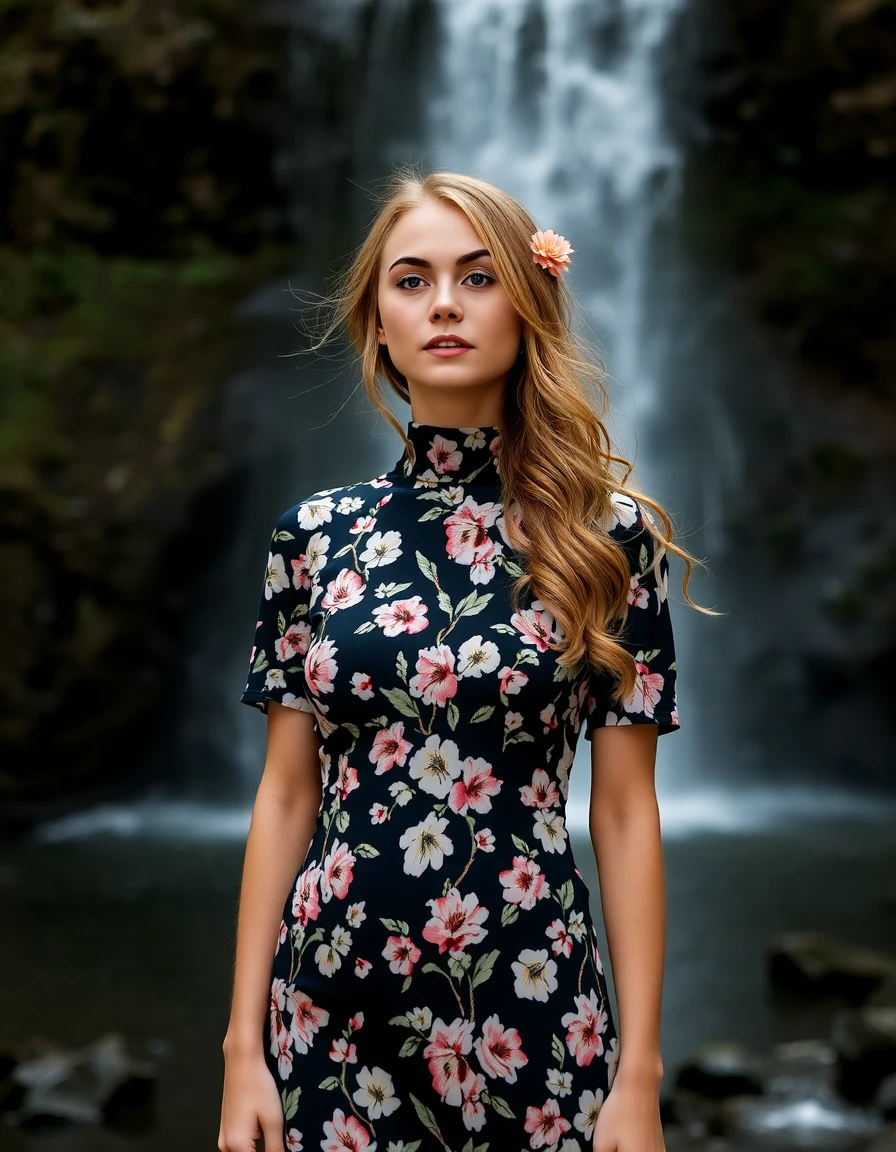 nan384ace, full body in frame,intricate full body portrait of a woman,wearing a high neck floral dress, flower in hair, waterfall in background, happy, epic character composition,by ilya kuvshinov, alessio albi, nina masic,sharp focus, natural lighting, subsurface scattering, f2, 35mm, film grain