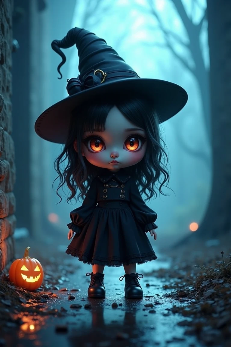 in the style of chibiw,  chibiwitches, cinematic, dramatic lighting, prismatic lens, full body shot,  a beautiful cute haunting chibi woman with varios costumes in every image,  posing in a natural pose,  she's in various haunting  locations, shadows play lighting,  ultra detailed, ultra realistic, ultra detailed colors, 8k, real photography   <lora:chibi-witches:1>