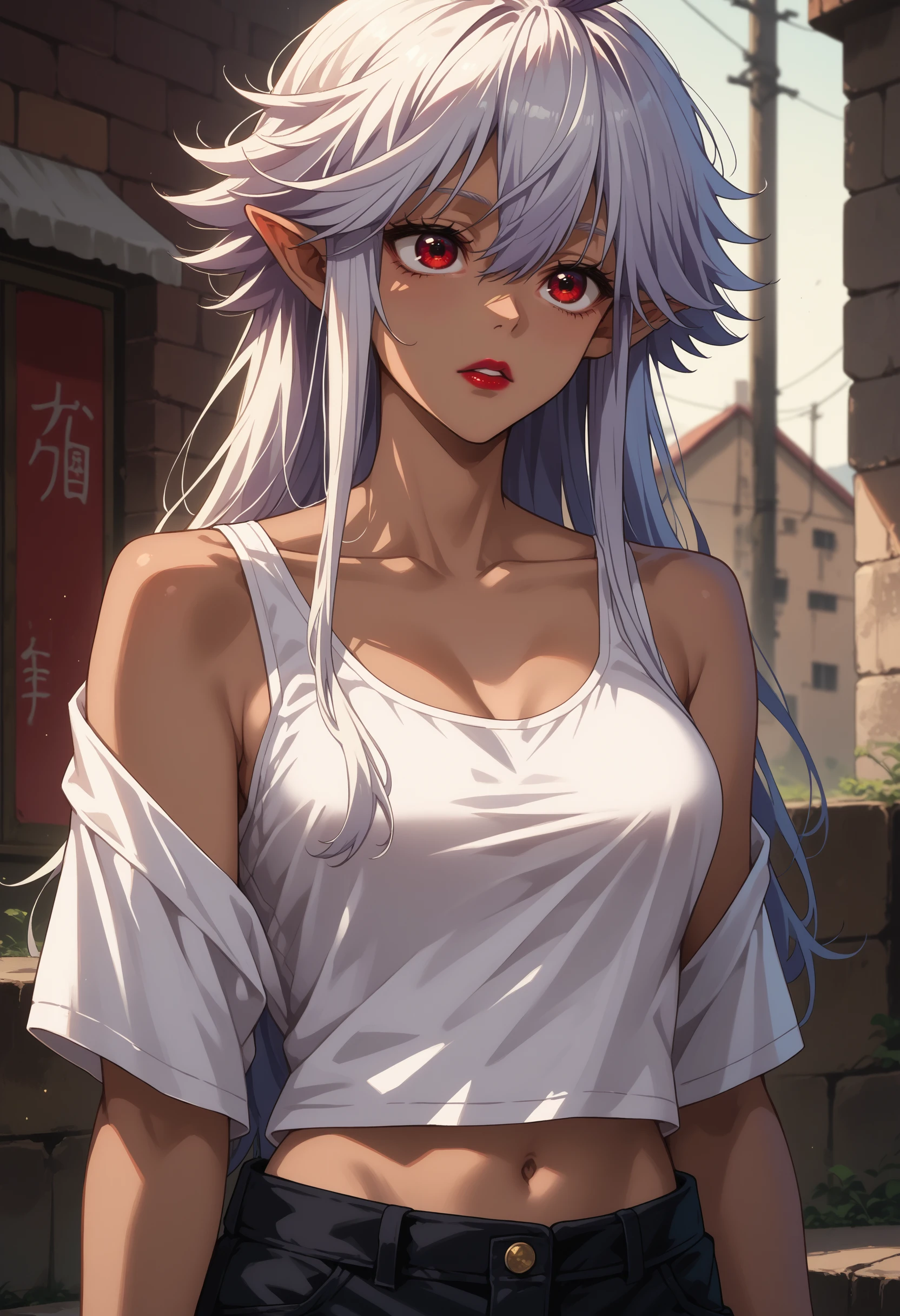 score_9, score_8_up, score_7_up, source_anime, <lora:wrenchShinmaiOjisanReanette:1>, soreanette, white hair, long hair, dark skin, red eyes, pointy ears, ahoge, sidelocks, large breasts, hair between eyes, collarbone, 
parted lips, tank top, midriff, short shorts, white tanktop, black shorts, loose shirt, red lipstick,