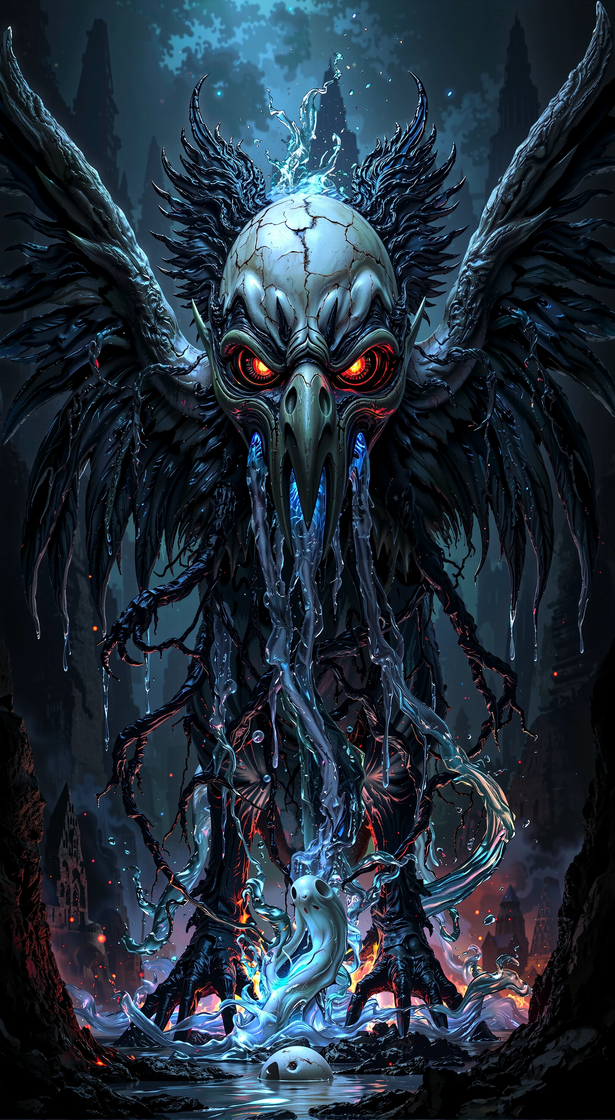 In a dark, gothic landscape, a Garuda-bodied figure with a grotesque Japanese ghost mask hovers in haunting silence. Streams of molten blue lava ooze from the cracks in the mask, flowing over the Garuda's outstretched wings and solidifying into glowing, crystalline forms that pulse with an eerie light. The Garuda's fierce eyes, filled with malevolent intensity, radiate a sinister glow as twisted roots burst from its eye sockets, twisting down like tendrils of ancient evil. Flames flicker menacingly around its talons, interwoven with icy water that freezes upon contact with the molten blue lava. The background features towering gothic spires and cursed symbols faintly illuminated by the flickering light. The entire scene is a blend of fiery intensity, chilling cold, and supernatural horror, amplifying the menacing aura of the Garuda in this unearthly, cursed realm. MSKLDJM
Lora: <lora:MaSk_DJM230x_FLUX-000001.safetensors:1.5:1.5>