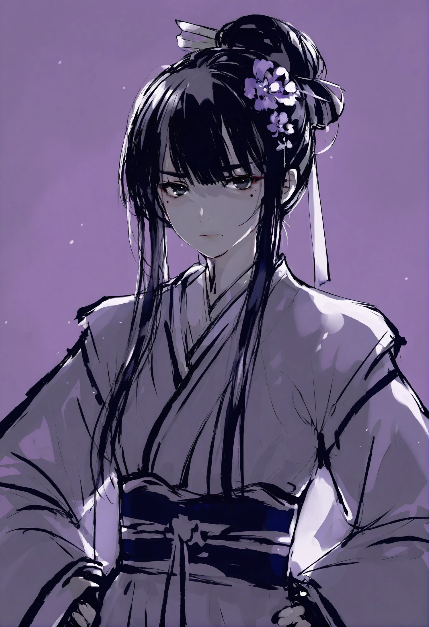 1girl, 1girl, 
solo, monochrome, hair bun, single hair bun, white background, japanese clothes, upper body, purple theme, simple background, looking at viewer, closed mouth, serious 
masterpiece, amazing quality, ribbon-trimmed kimono, obi, purple bow, tassel, purple flower, wide sleeves, blunt bangs, kimono, hair ornament, bow, hair between eyes, hands on own hips, sash, flower, ribbon trim, obiage, mole under eye, long sleeves, short eyebrows, sidelocks, long hair, short hair with long locks, tomoe \(symbol\), mole, ribbon-trimmed sleeves, black eyes, mitsudomoe \(shape\), sidelighting,
best quality, very aesthetic, absurdres
 <lora:inkcharacterlokr_for_illustrious-000185:0.95>