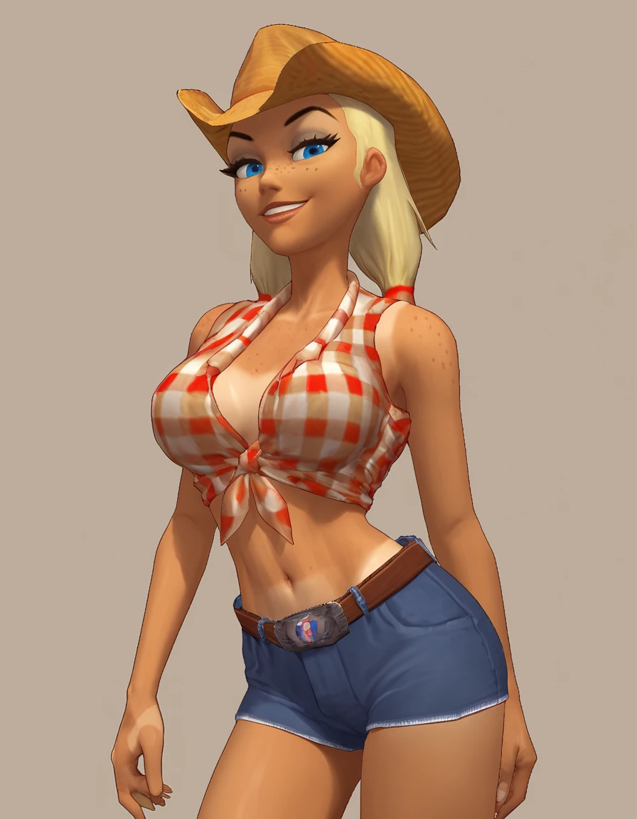 <lora:SallyMaePony:1.0> sally mae, blonde hair, 1girl, breasts,plaid shirt,  cowboy hat,tanlines,  blue eyes, twintails,smile, freckles,  denim shorts, belt, midriff, navel, large breasts, makeup, score_9, score_8_up, score_7_up, score_6_up, score_5_up, score_4_up, looking at viewer, cowboy shot <lora:Expressive_H:1>