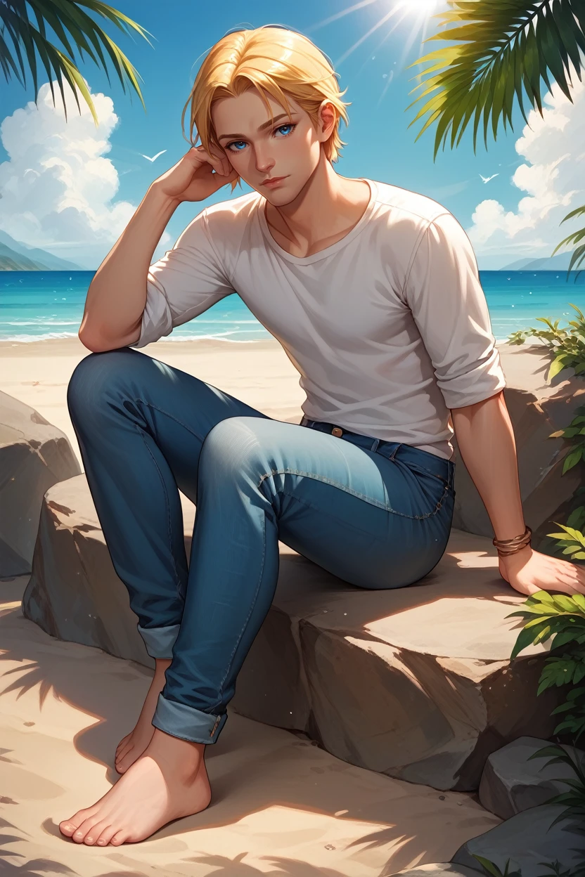 score_9, score_8_up, score_7_up,
<lora:DA2Anders:0.8>
DA2Anders, 1boy, blonde hair, blue eyes, looking at viewer, in a white t-shirt, sitting on a beachside rock, jeans rolled up, barefoot, gazing at the horizon, soft sunlight, serene expression