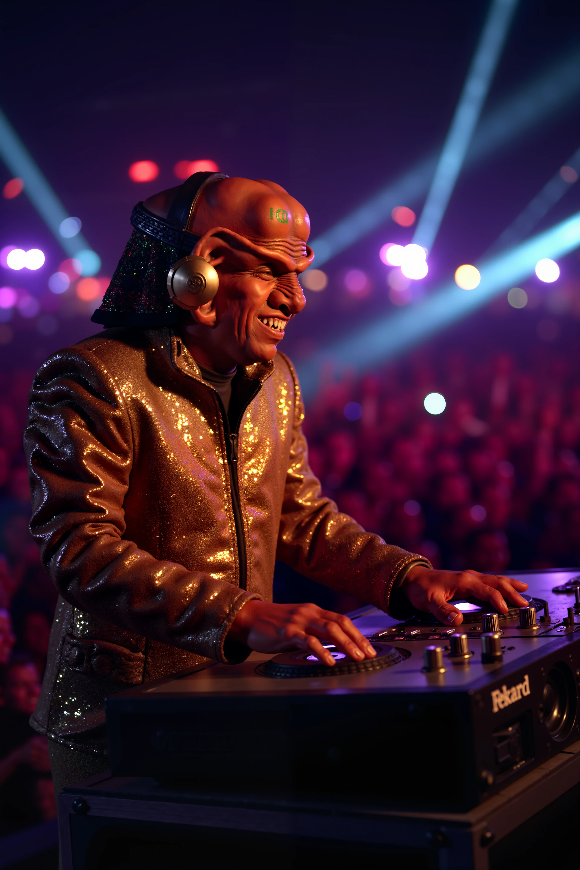 A Ferengi wearing a flashy tracksuit and oversized gold headphones bops his head to the beat as he stands behind the turntables at a packed music festival. His wide grin flashes as he adjusts the sliders and scratches the records, sending the crowd of dancing humans into a frenzy. Behind him, massive speakers throb with the deep bass of the music, and colorful laser lights streak across the night sky, illuminating the field of festival-goers below. His large ears twitch to the rhythm, picking up the energy of the crowd, while his fingers fly over the equipment with surprising skill. On his jacket, the name "DJ Ferelatinum" is embroidered in glittering gold thread, and nearby, a stand sells his overpriced "official merch" to eager fans. The air is electric with the pulse of the music, and the Ferengi canât help but chuckle as he calculates the nightâs profits from ticket sales, drinks, and exclusive backstage passes. As the beat drops, he throws his hands up in the air, hyping up the crowd even more, his eyes gleaming with the knowledge that heâs not just spinning tracksâheâs spinning profits.<lora:ferengiV1_FLUX>