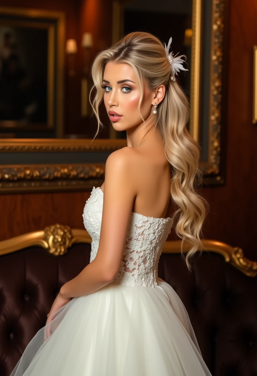 This is a high-resolution photograph featuring a young woman in profile, her head tilted slightly upward. She has light skin and long, wavy blonde hair styled into an elaborate updo adorned with delicate white feathers and small pearl and crystal embellishments. Her makeup is elegantly done, with a soft, natural look that highlights her eyes and lips. She is wearing a strapless, off-the-shoulder white gown with intricate lace detailing that adds a touch of vintage glamour. The dress has a high waist and a full skirt, suggesting a formal or wedding occasion.

The background is richly textured, with a dark, ornate wooden frame behind her, possibly an antique piece of furniture. The frame is intricately carved with gold accents, giving it an opulent, baroque feel. The background also includes a blurred glimpse of a luxurious, dark-colored sofa with similar ornate detailing, enhancing the sense of luxury and sophistication. The lighting in the image is soft and warm, with a golden hue that adds to the elegant and romantic atmosphere. The overall style of the photograph is high-end fashion, capturing a moment of grace and elegance. M1K4YL4