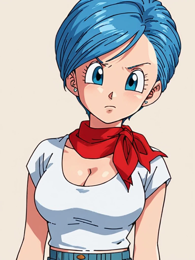 score_9, score_8_up, score_7_up, 
1girl, bulma, blue hair, blue eyes, short hair, swept bangs,

white t-shirt, short sleeves, cleavage, large breasts, red ascot, jeans, 

upper body, frown, looking at viewer, simple background,