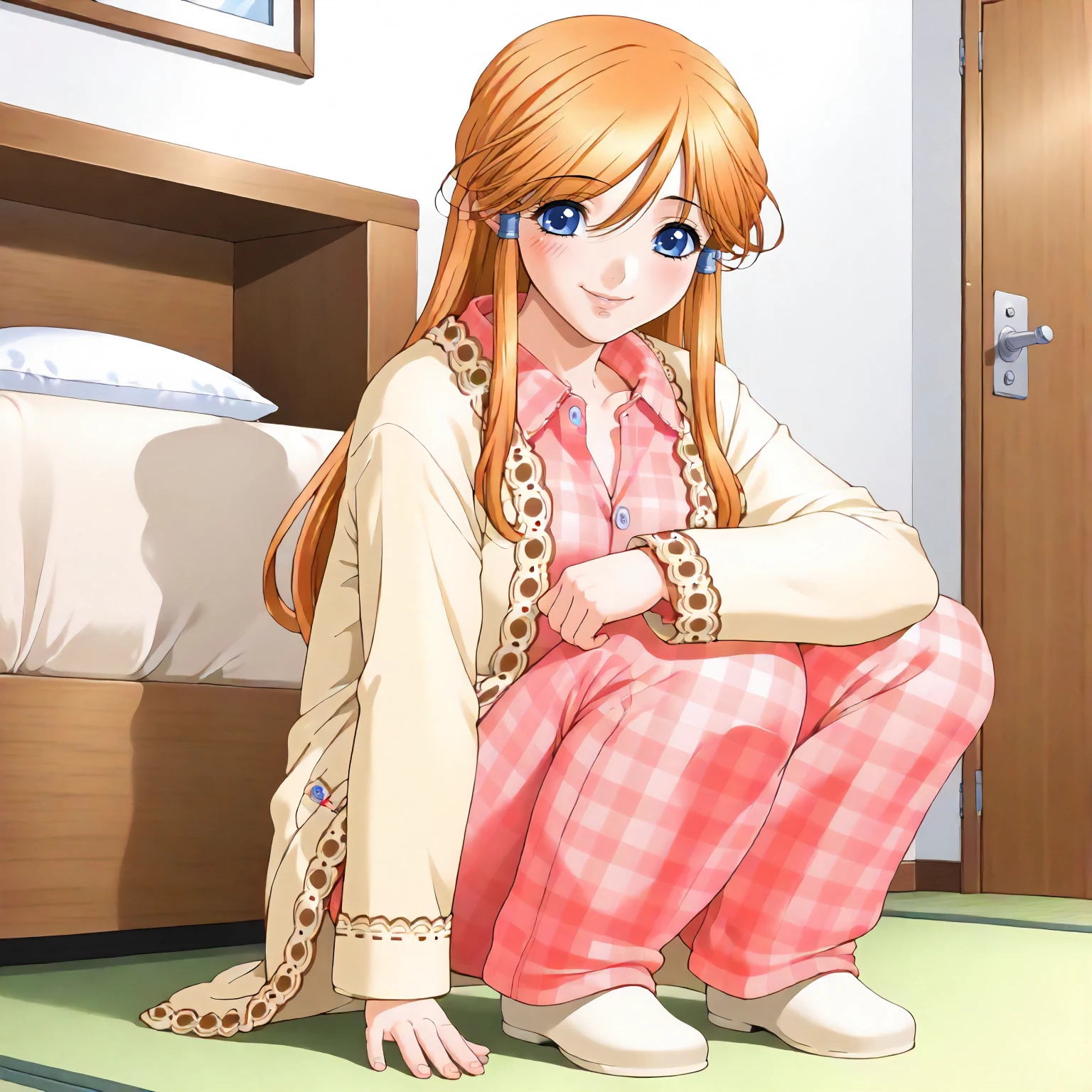 <lora:AtB_MikanHanamaruXLpony001>,
indoors,
smile,
solo,
MikanHanamaru,1girl,orange hair,long hair,hair tubes,blue eyes,
pajamas,plaid shirt,yellow cardigan,
pink plaid pants,
squatting,