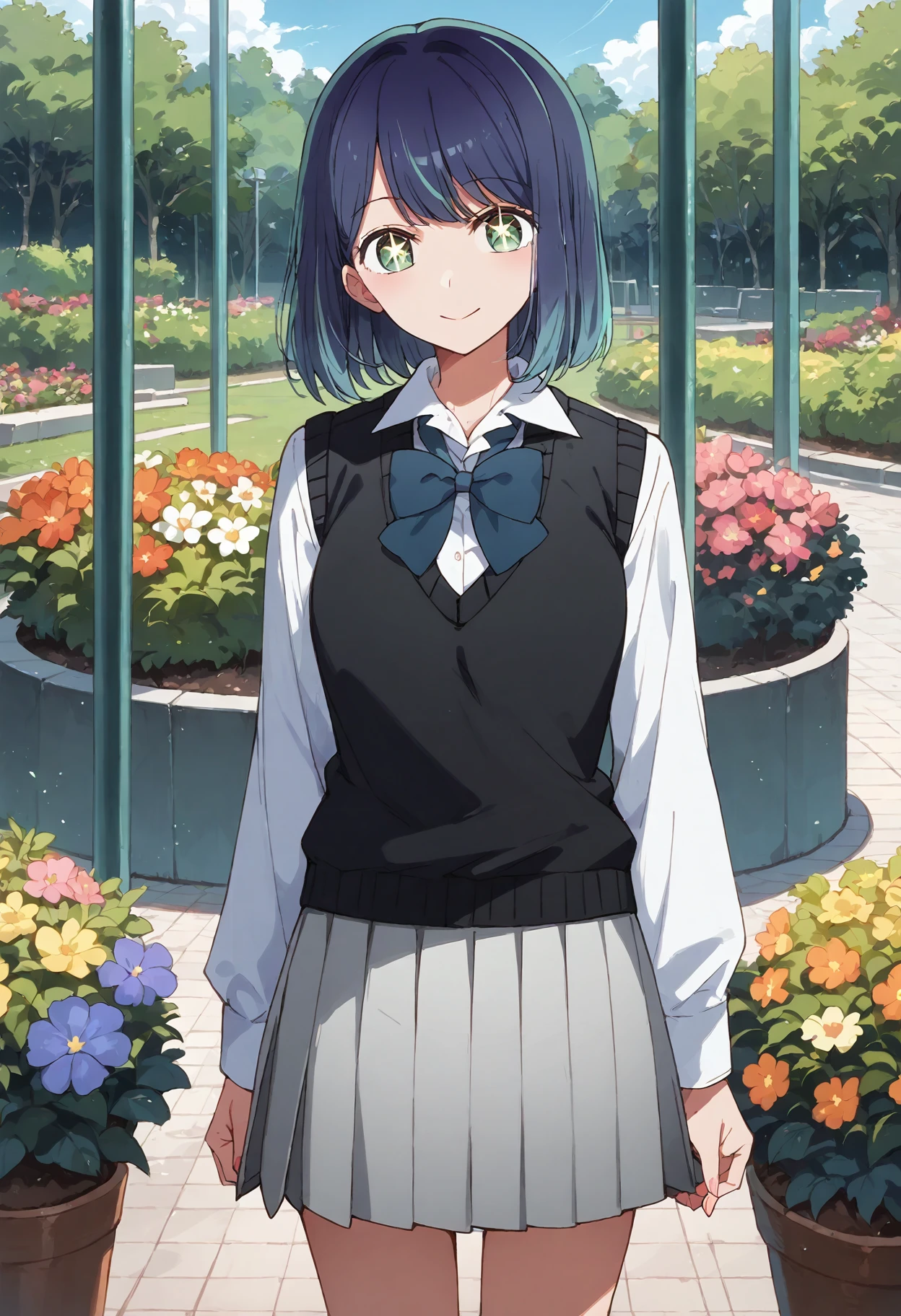 score_9, score_8_up, score_7_up, , score_ANIME, 1girl,,kurokawaakane, 1girl, solo,cowboy shot, white shirt, , blue bowtie, long sleeves, blue hair, miniskirt, ,, looking at viewer, smile, collared shirt, standing,  grey skirt,, closed mouth, aqua eyes, short hair, black vest,  <lora:kurokawaakane_pony2:1> gradient hair, star-shaped pupils, garden,  tree,