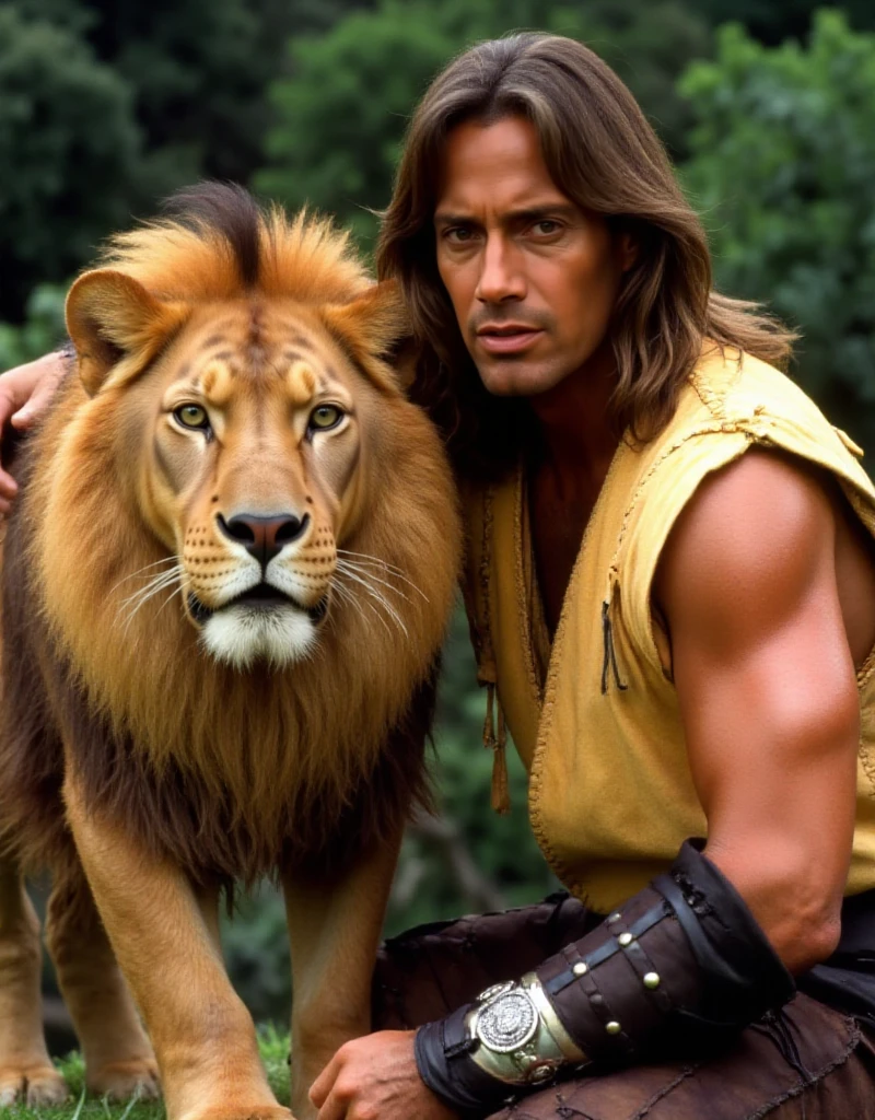 Hercules is a man with long hair and a yellow shirt. He is posing with the Nemean Lion  <lora:Hercules:0.9>