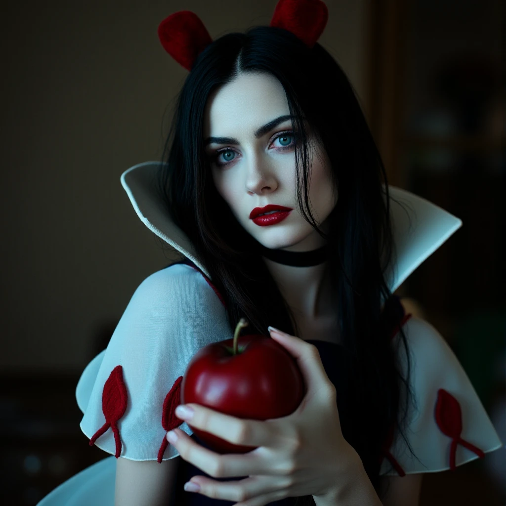 UHD, 4k, ultra detailed, cinematic, a photograph of  <lora:Halloween style v1:0.8>
In Halloween style a pale skin gothic woman dressed as snow white holding an apple, detailed background, perfect image, perfect body, perfect anatomy, sharp image, detailed image, cinematic film style, high quality photography, Halloween style, female, solo, looking at viewer, black hair, dress, holding, upper body, short sleeves, food, choker, puffy sleeves, blurry, black eyes, puffy short sleeves, blurry background, makeup, blood, colored skin, fruit, holding food, lipstick, pale skin, white skin, realistic, apple, grey skin, holding fruit, puff and slash sleeves, blue eyes, blood on face, red lips
, epic, beautiful lighting, inpsiring