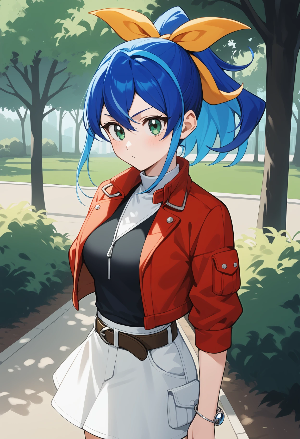 score_9, score_8_up, score_7_up, score_6_up, score_5_up, score_4_up, source_anime, bbserena, multicolored hair, blue hair, ponytail, hair bow, green eyes, breasts, black shirt, cropped jacket, red jacket, bracelet, belt, miniskirt, white skirt, <lora:serena_(yu-gi-oh!)_ponyxl_v1:0.9>, standing, cowboy shot, outdoors, park,