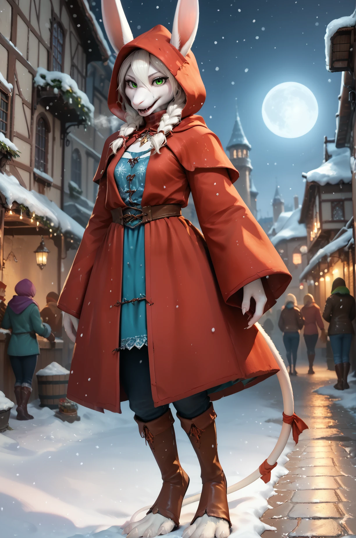 score_9, score_8_up, score_7_up, 1girl, female, FreyaC, white fur, white hair, green eyes, looking at viewer, small breasts, motherly, tail, happy, red cloak, wool, hood, winter clothing, breath, white ears, long ears, from side, toeless footwear, braids,
BREAK, snowflakes, snowfall, winter, snowing, day, winter village, detailed background, sharp lighting, outdoors, pedestrians, crowd, busy street, cobblestone, medieval times,
zPDXL, <lora:Freya10S 97:1>,