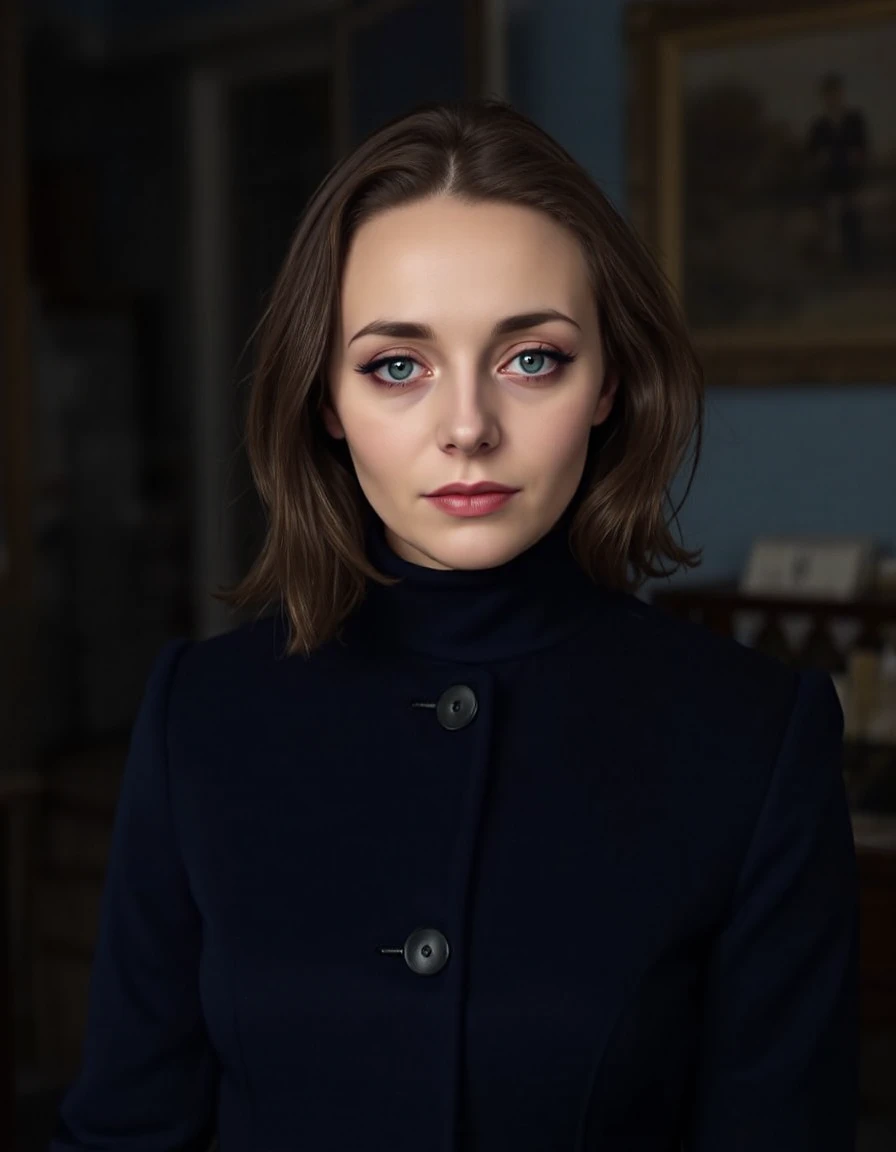 lucilav, A full color portrait of a beautiful woman, wearing a navy blue coat,full head in frame,in a dimmed chamber, natural lighting, epic character composition,by ilya kuvshinov, alessio albi, nina masic,sharp focus, subsurface scattering, f2, 35mm, film grain