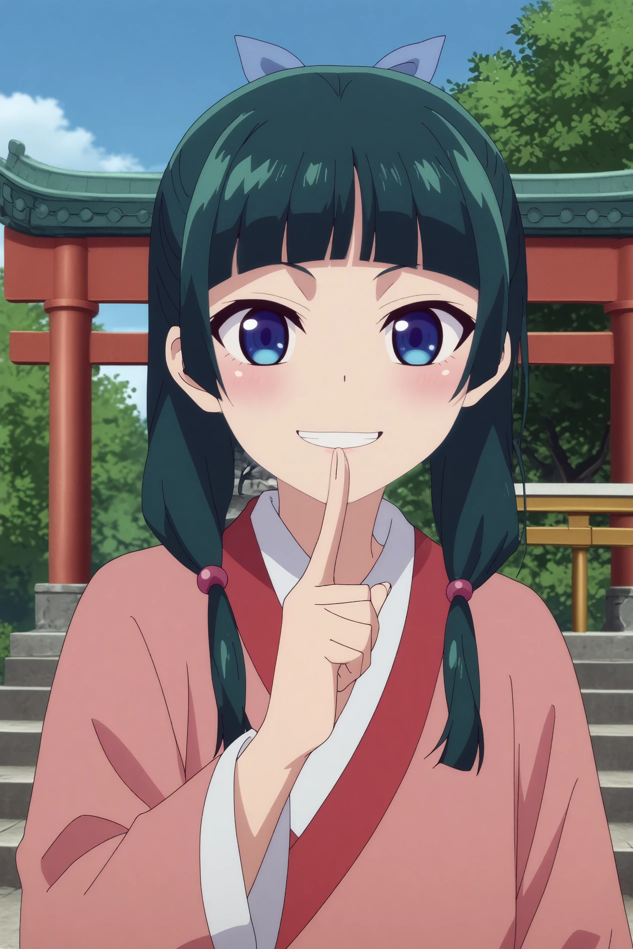 maomao,1girl,solo,japanese clothes,long hair,looking at viewer,bangs,kimono,hair ornament,blunt bangs,twintails,smile BREAK outdoors,old japon city,torii,under torii,sakura flowers,Japanese architecture,japanese temple,consistent background   Holding a finger to the lips with a mischievous grin,  <lora:MaoMao.safetensors:0.8>