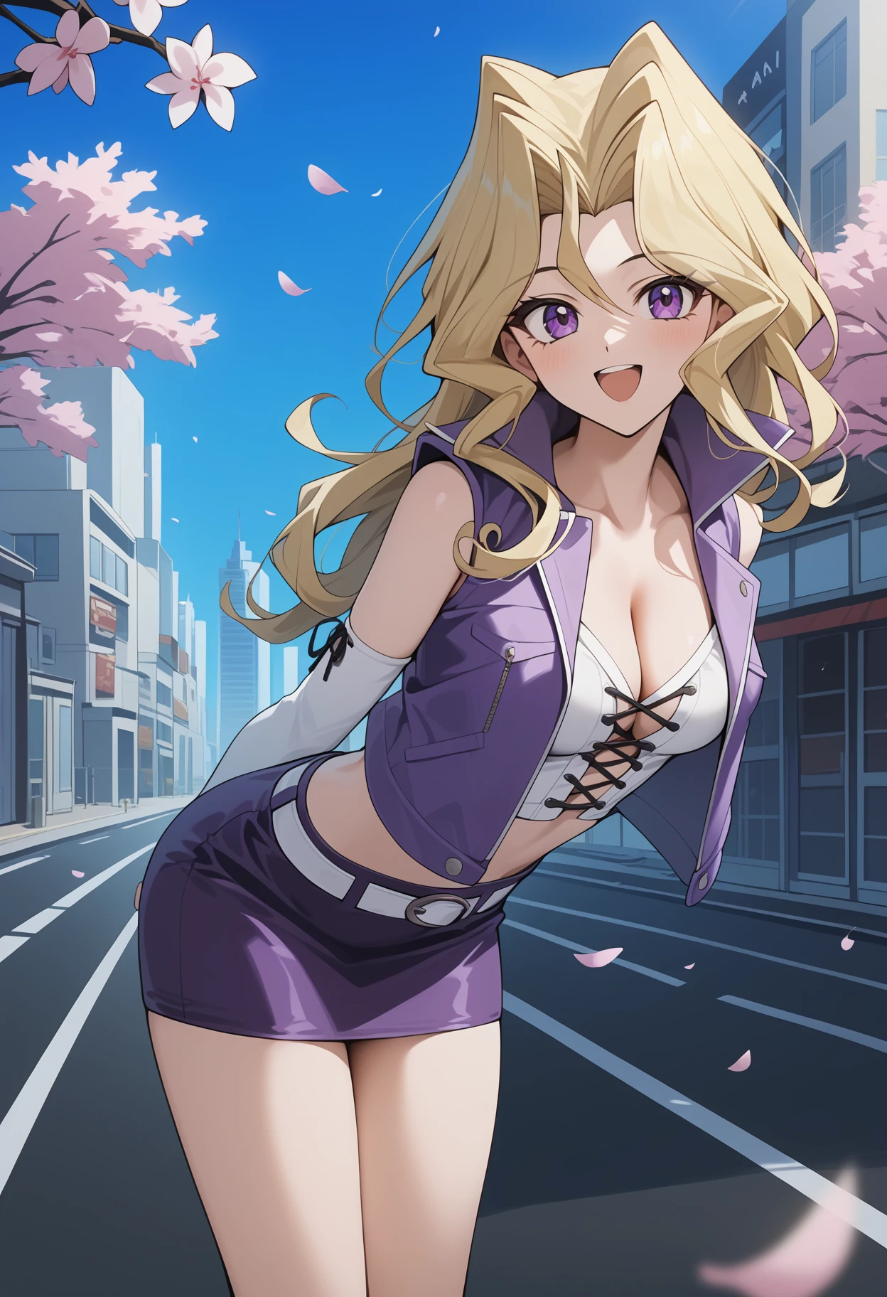 score_9, score_8_up, score_7_up, score_6_up, score_5_up, score_4_up, source_anime, aamai, long hair, blonde hair, purple eyes, breasts, cleavage, crop top, white shirt, cross-laced clothes. cropped jacket, purple jacket, open jacket, sleeveless, detached sleeves, white sleeves, midriff, white belt, miniskirt, purple skirt, thighs,<lora:kujaku_mai_ponyxl_v1:0.9>, arms behind back, leaning forward, standing, outdoors, open mouth, cherry blossoms, smile, city, road,