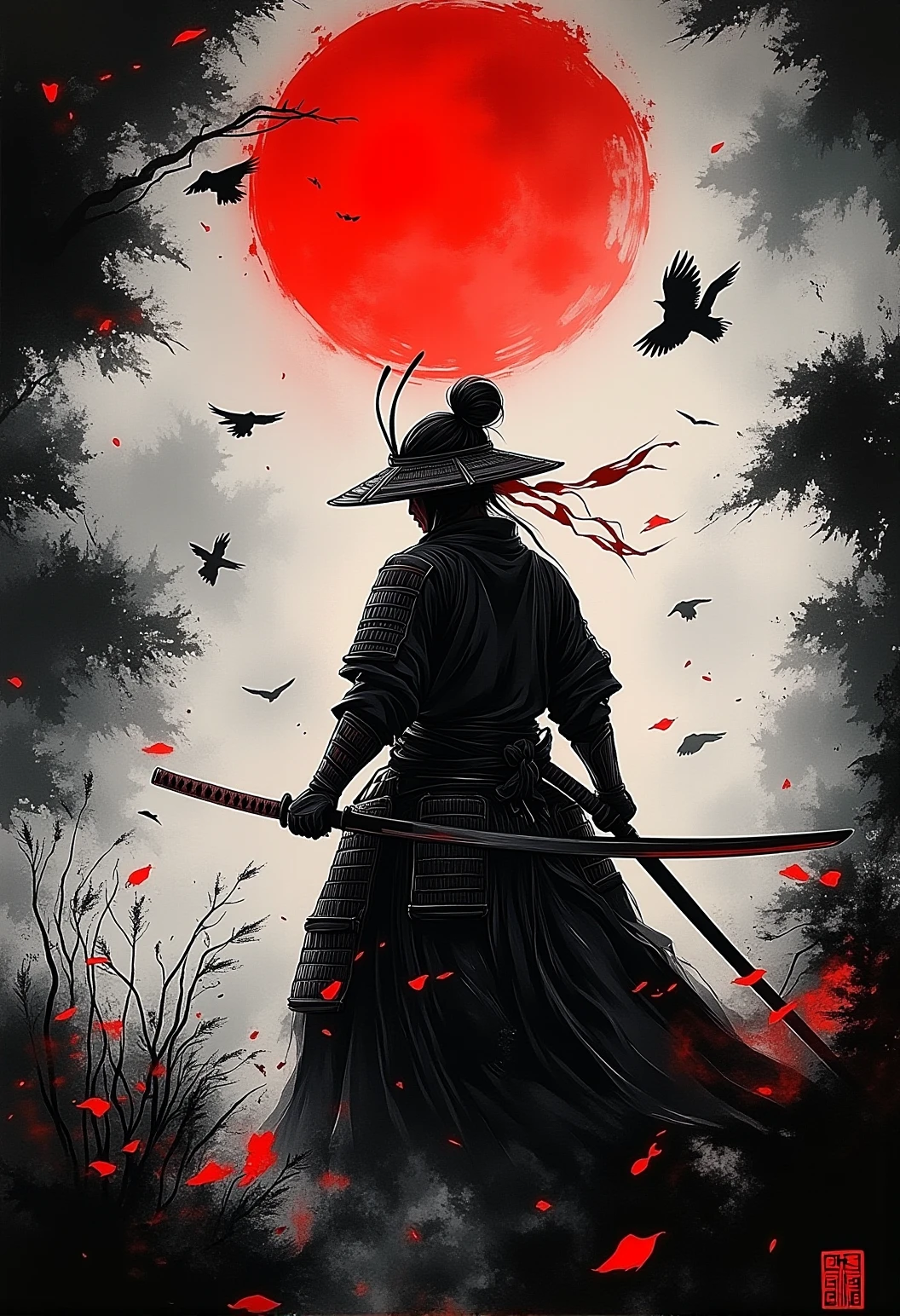 . A wide-angle shot of a female Samurai walking through a desolate landscape with crows flying overhead wearing traditional black armor with intricate red details, with a blood-red moon in the background. The atmosphere is dark and foreboding, with black ink-like brushstrokes blending into the scene., <lora:bv-crimson-ronin-style-v1.safetensors:1.0:1.0>