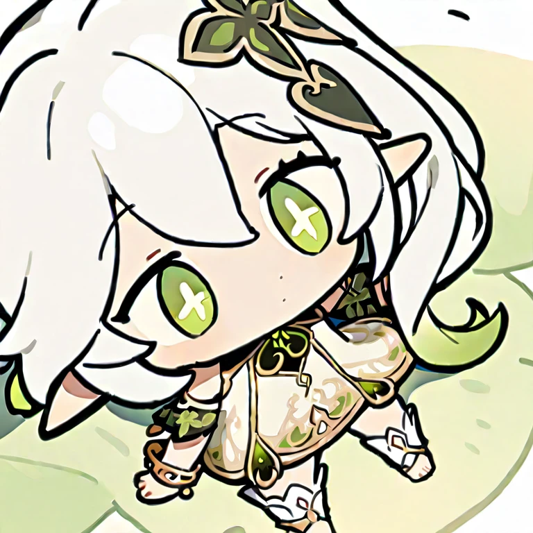 ,chibi,1girl,solo,,naxida,1girl,white hair,multicolored hair,side ponytail,hair ornament,green eyes,symbol-shaped pupils,pointy ears,jewelry,detached sleeves,bracelet,white dress,toeless legwear,<lora:123rodosi-000008:1>,<lora:naxida2_xl:1>, masterpiece, best quality, very aesthetic, absurdres