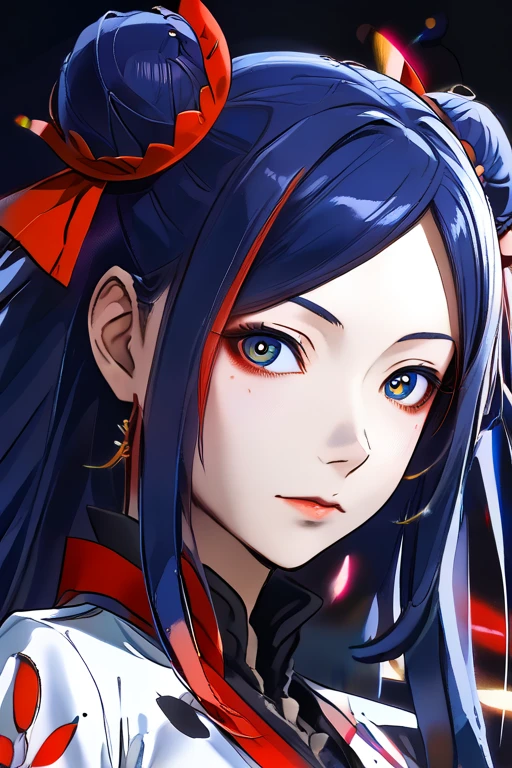 portrait, kakyouin, blue eyes, red eyeliner, blue hair, long hair, double bun, hair ribbon, 