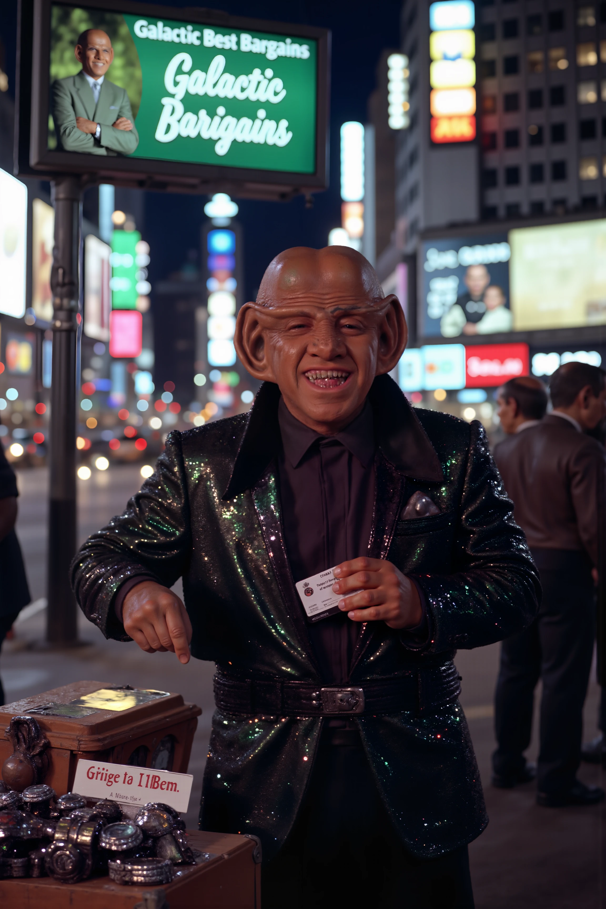 A bald Ferengi street vendor wearing headskirt at the back of the head, dressed in a flashy, knockoff designer suit with oversized lapels, stands at the corner of a busy city intersection, his makeshift stall overflowing with counterfeit watches and smartphones. His wide, toothy grin beams at every passerby as he shouts, âSpecial deal! Buy one, get none free!â His oversized ears twitch every time someone pulls out their wallet, and he leans in with a sly wink, offering âexclusive, one-time discountsâ that mysteriously change with every customer. The neon lights of the city reflect off his gleaming forehead, while behind him, a massive billboard advertises "Galactic Best Bargains," his not-so-legitimate business. His hands move quickly, palming credit cards and exchanging products with lightning speed, all while keeping an eye out for potential profitsâand the occasional patrol officer.<lora:aidmaMJ6.1-FLUX-V0.1:0.6><lora:Movie_Portrait><lora:Flux DetailerV2><lora:ferengiV1_FLUX>