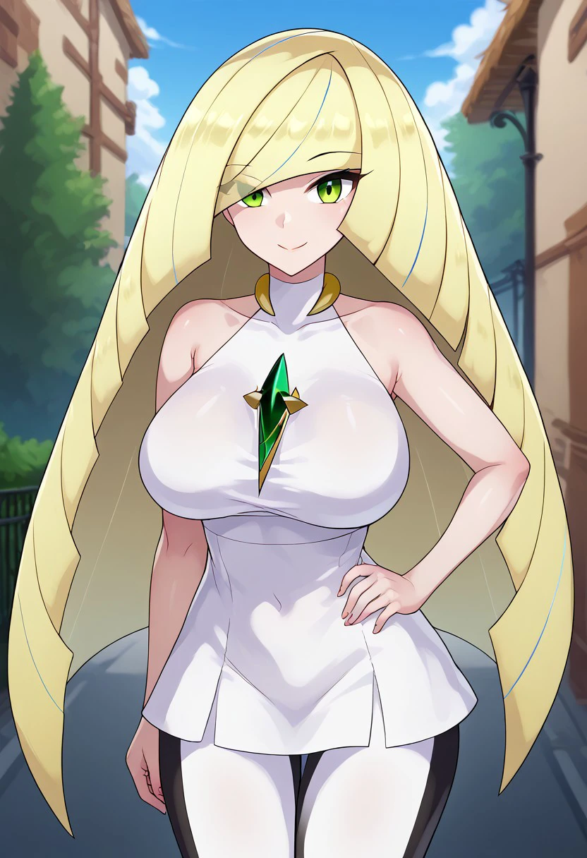 1girl, pokemonlusamine, blonde hair, green eyes, hair over one eye, long hair, multicolored hair, streaked hair, very long hair, ((huge breasts:0.7)), street, looking at viewer, standing, smile, closed mouth, posing, contrapposto, hand on own hip, score_9, score_8_up, score_7_up, score_6_up, score_5_up, score_4_up, BREAK source_anime, masterpiece, perfect anatomy, perfect composition, perfect hand, (beautiful detailed eyes:1), (soft colors), uncensored, Expressiveh, bare arms, diamond \(shape\), dress, gem, green gemstone, leggings, short dress, sleeveless, sleeveless dress, white dress, white leggings,