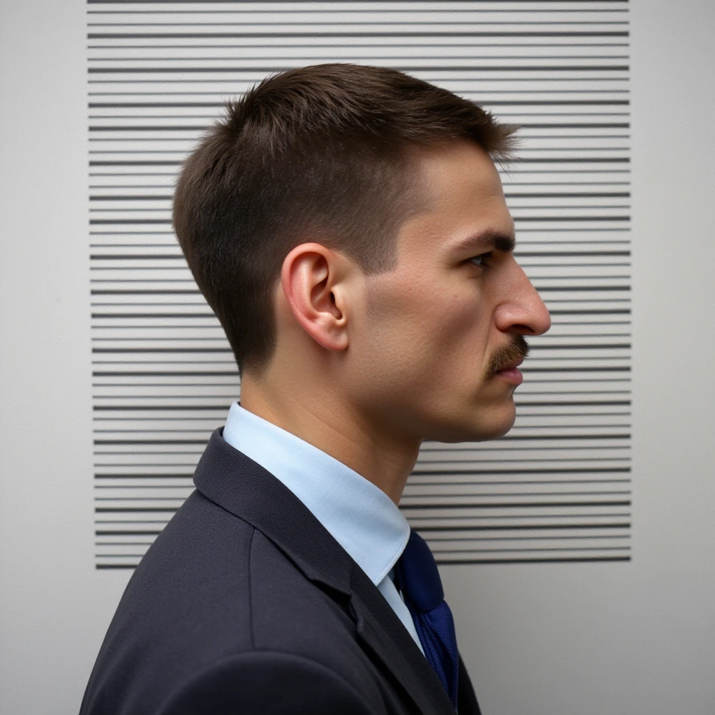 <lora:Mugshot style v1:0.9>
A Mugshot photo of a profile side view of a man with a mustache and a suit on behind a mugshot wall,solo,short hair,shirt,black hair,1boy,closed mouth,male focus,necktie,collared shirt,from side,profile,formal,suit,portrait,blue necktie ,  mugshot style