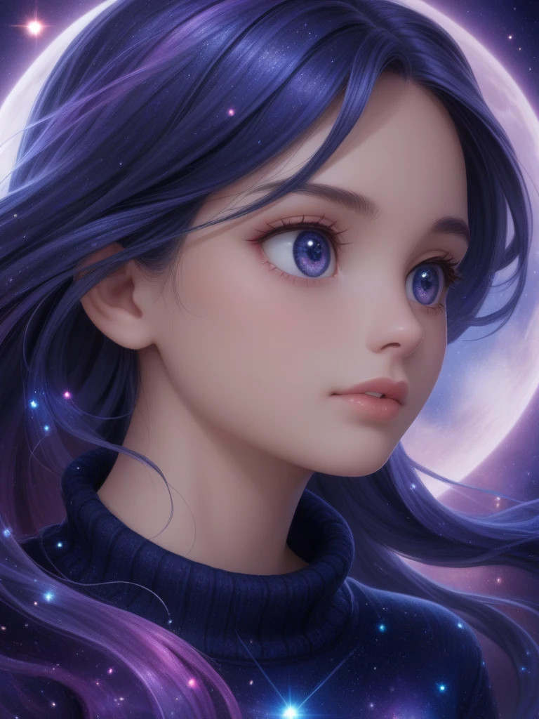 score_9, score_8_up, score_8,
highly detailed, intricate, beautiful aesthetic,
vibrant, extreme contrast, 
focus on face, (headshot), close up, view from the side, large eyes, long hair, detailed eyes, detailed hair,
cute, girl, baggy sweater, cosmic background, sad, crying, tiers, water drops, floating, in space,
moon, stars, atmospheric, lost, magical robes, magical hair,