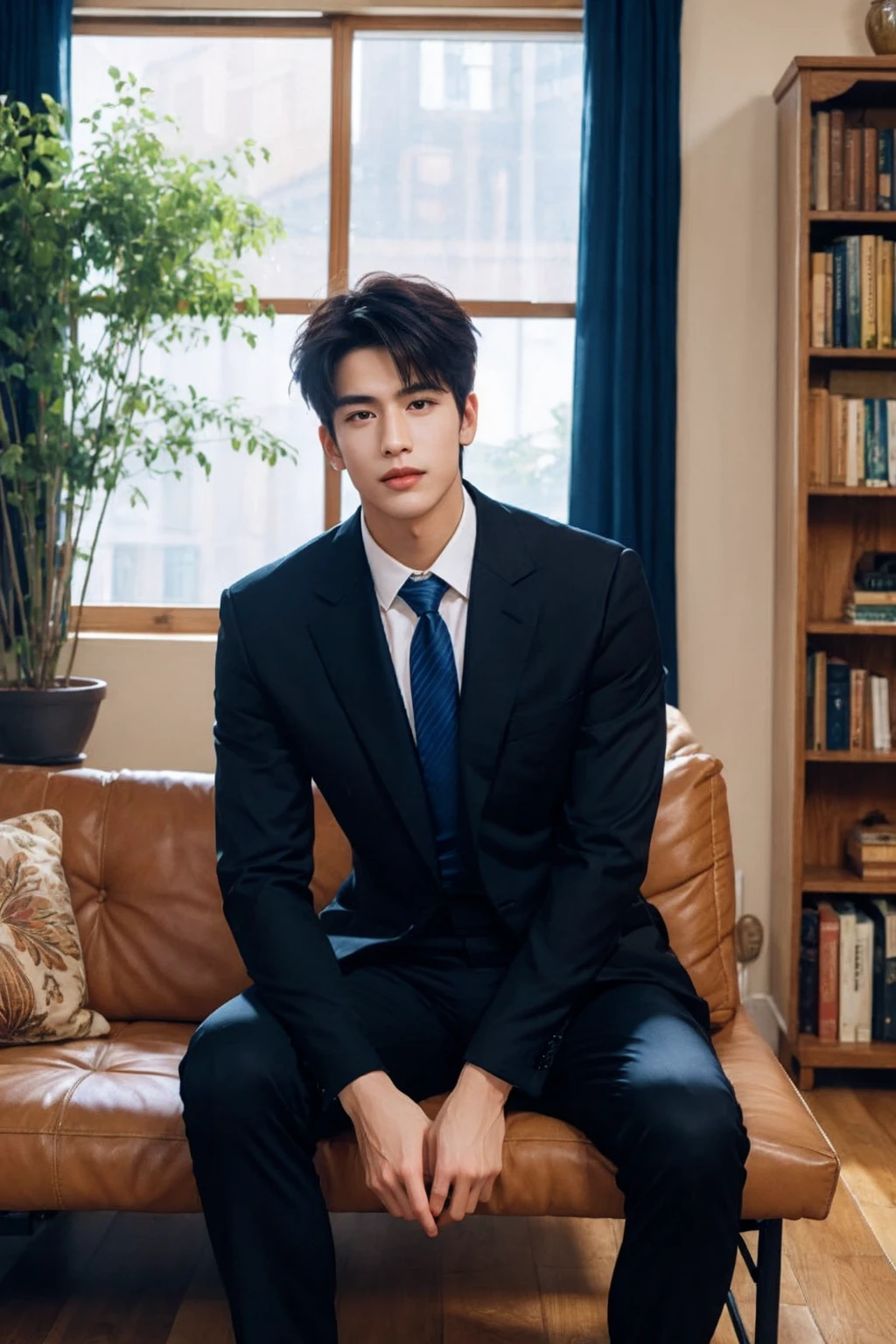 1boy, male focus, sitting, open legs, black hair, side-split bangs, slender eyes, low brow, square jaw, (tanned brown skin:0.9),close mouth, formal, collared shirt, necktie, open jacket, black suit, black blaze, black pants, tall muscular guy,
wide shot,
day, indoors, living room, intricately detailed visible background, caustic, floor windows, blue sky, curtains, table, couch, building, plant, reflective floor, cloud, wooden floor, dramatic shadow, bookshelf, railing, carpet, vase, hanging pictures, potted plant,
colorful, Cinematic lighting,  center focus, symmetrical, diffuse lighting, fantasy,
<lora:AsianMan002:0.9>