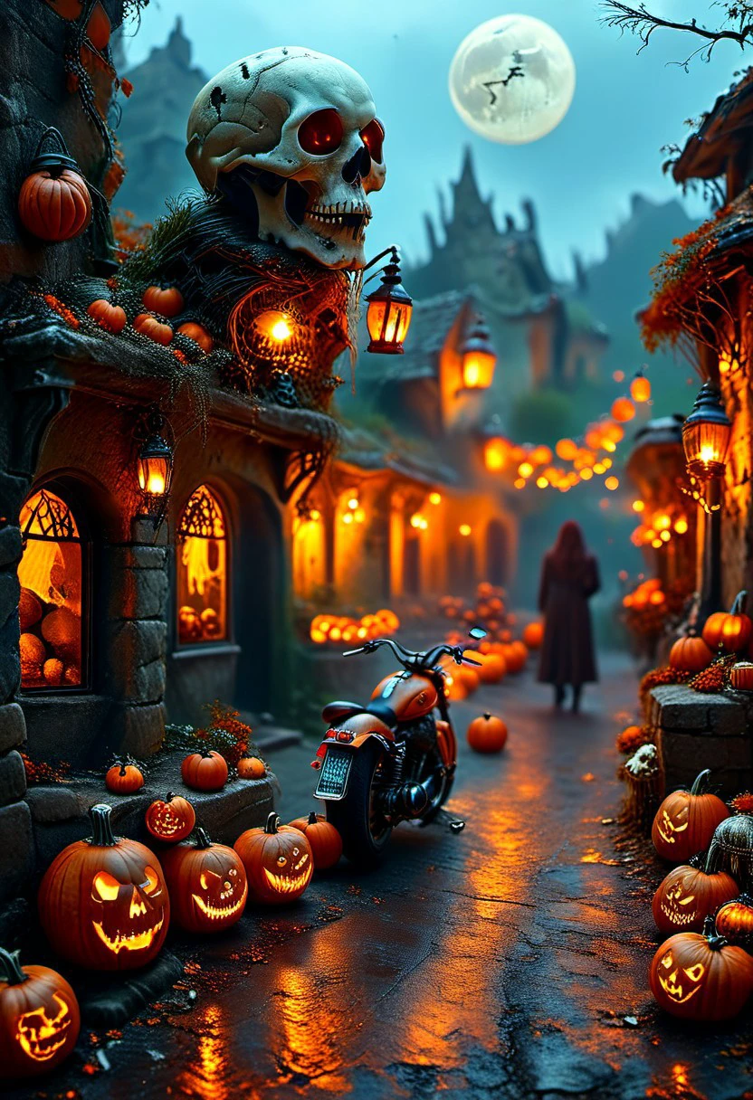 ultra realism, high quality, high resolution 8K and above, stable and accurate focus, ultra correct and accurate anatomy, super detail, many elements and details, on a Halloween themed image in a rock style ghost town. The moon illuminates the eerie street, along the street rocker bikes decorated in Halloween style for the holiday and the bats that accompany the rockers. on the terraces of the apartment buildings Pumpkins with carved faces glow like lanterns, and cobwebs cover the old buildings, hanging skeletons from the terraces and on the street light poles creating an atmosphere of horror, mystery and excitement."
Colors: Orange, black, purple, dark blue, green.
Objects: Pumpkins, broomsticks, bats, cobwebs, cauldrons, skeletons, lattice cages, motorbikes, lanterns, graves, coffins, skulls and bones, skull-shaped ashtrays, goth glasses,
Emotions: horror, fear, parody
Atmosphere: Dark, mysterious, exciting.
Styles: realistic, gothic, rock