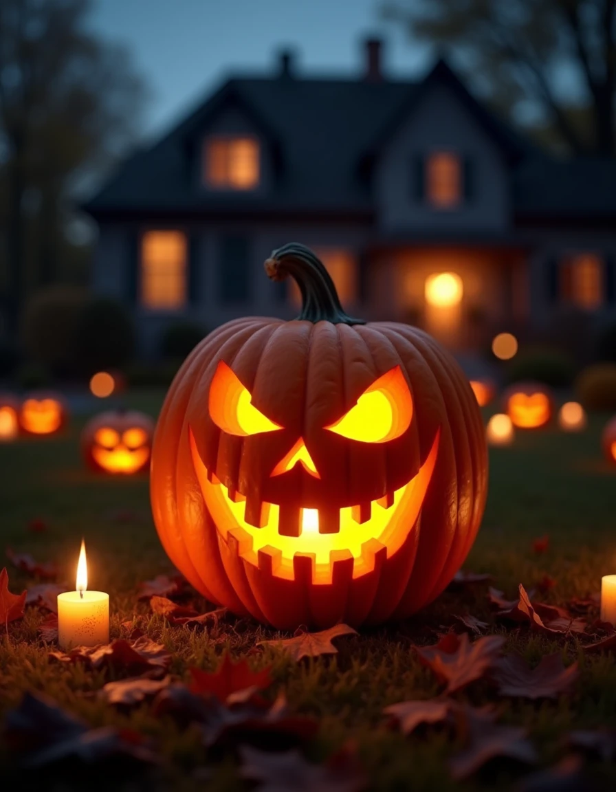 <lora:b4a-pumpkins:1> a b4a pumpkin carving with the 3d face of a creepy jack o lantern face, background Halloween garden in front of a house a night, autumn leafs, burning candles