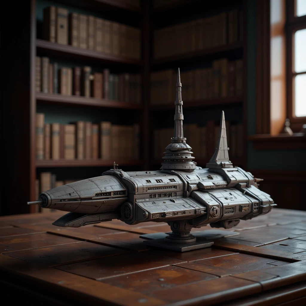 a model spacecraft is on a dark wooden table in a dimly lit library. Highly detailed spacecraft model, tilt shift.